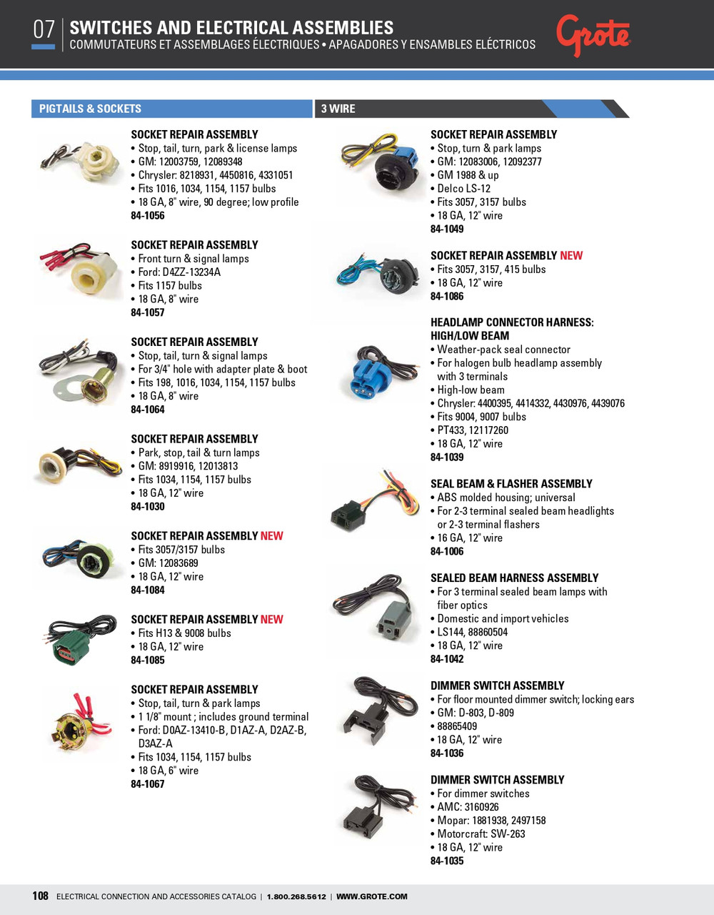 18 AWG 3-Wire GM Stop-Turn-Park Pigtail @ 12" - Black/Brown/Yellow  84-1030