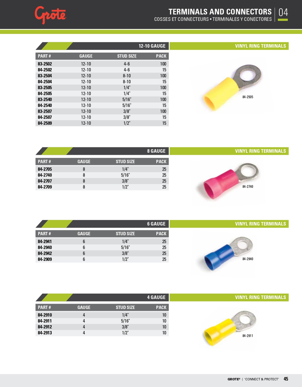 12 - 10 AWG Vinyl Ring Terminals #8 - #10 @ 15 Pack - Yellow  84-2504