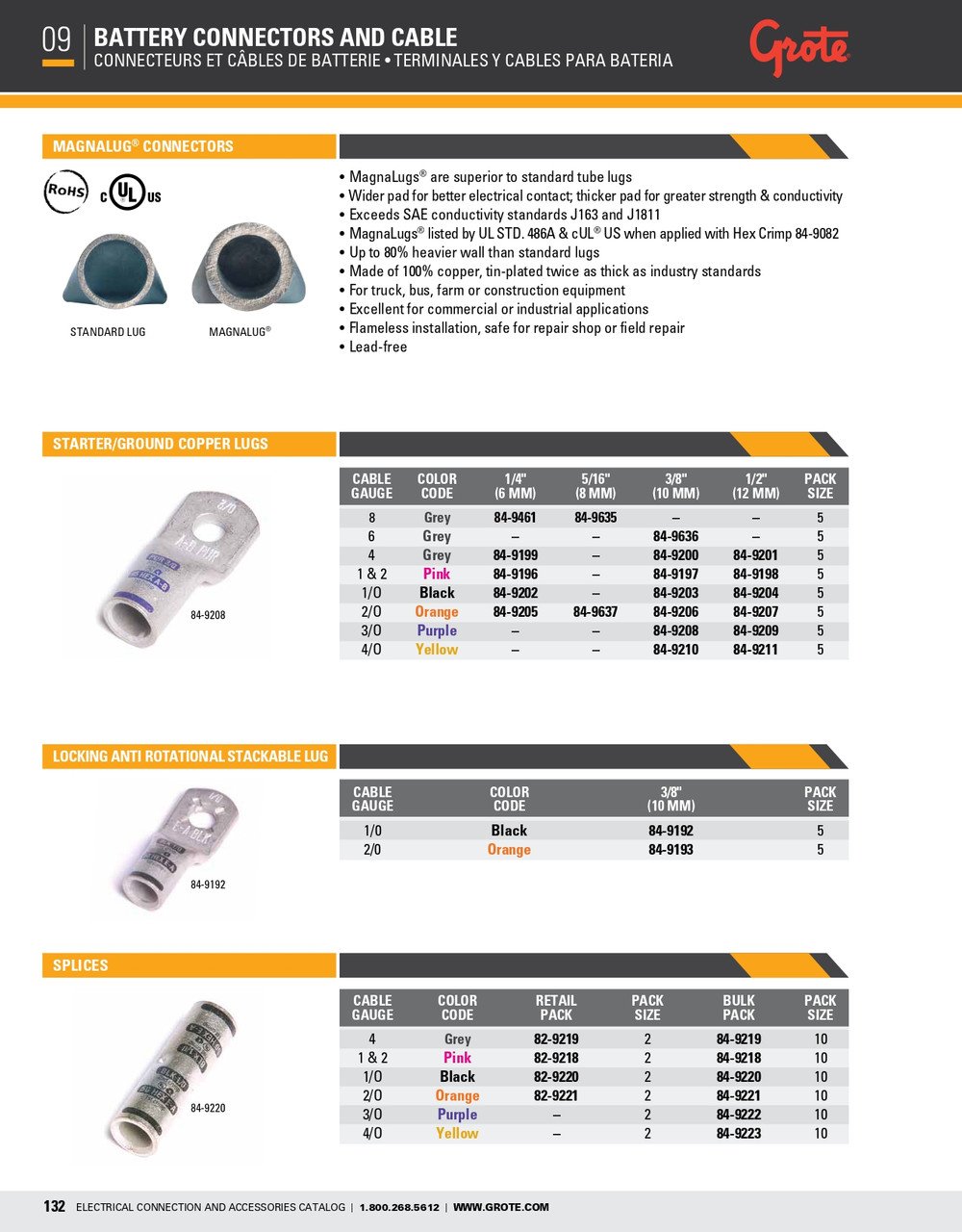 2/0 AWG MagnaLug® Starter/Ground Copper Lugs 3/8" @ 5 Pack - Orange  84-9206