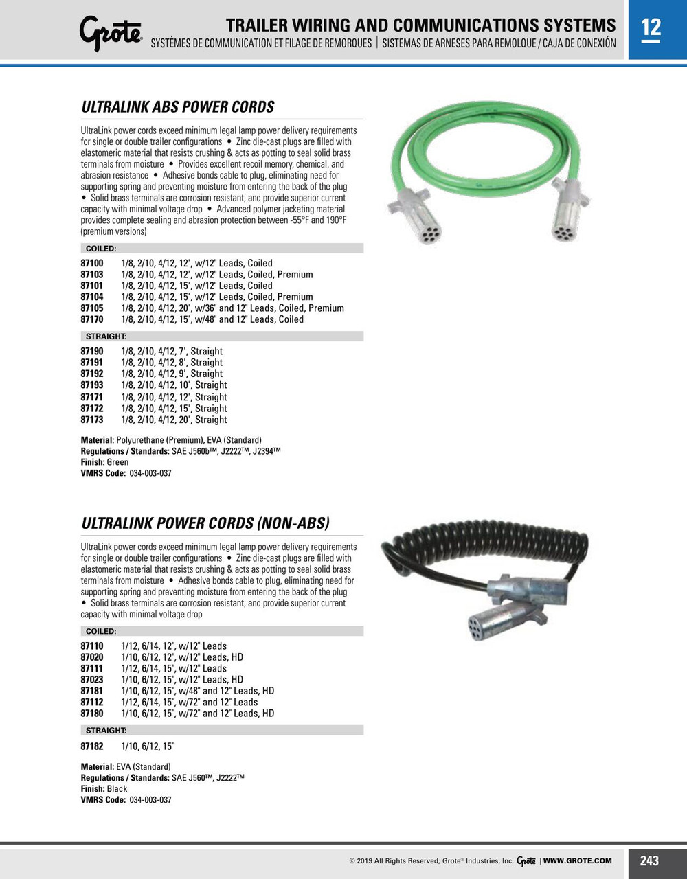 UltraLink® ABS Power Cords 20' w/12" & 36" Lead Coiled Premium - Green  87105