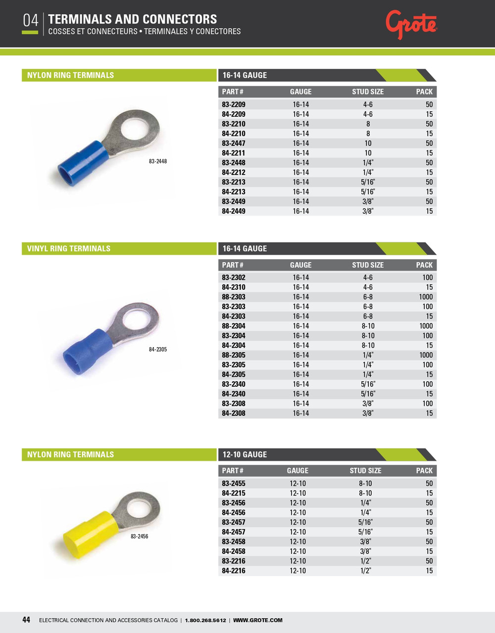 16 - 14 AWG Vinyl Ring Terminals 1/4" @ 1000 Pack - Blue  88-2305