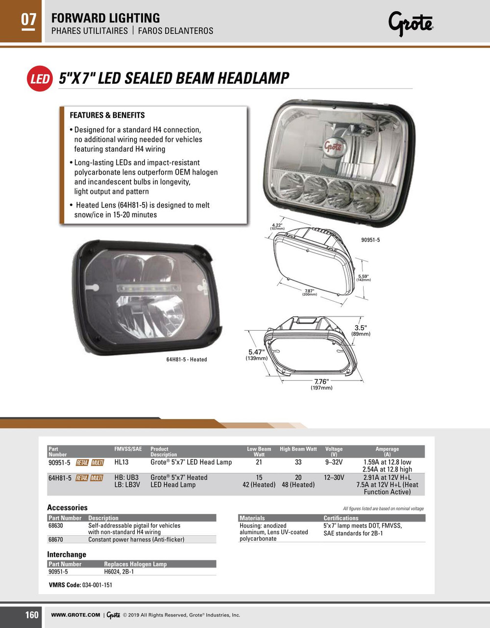 5 x 7" LED Sealed Beam Head Lamp 9-32V - Clear  90951-5