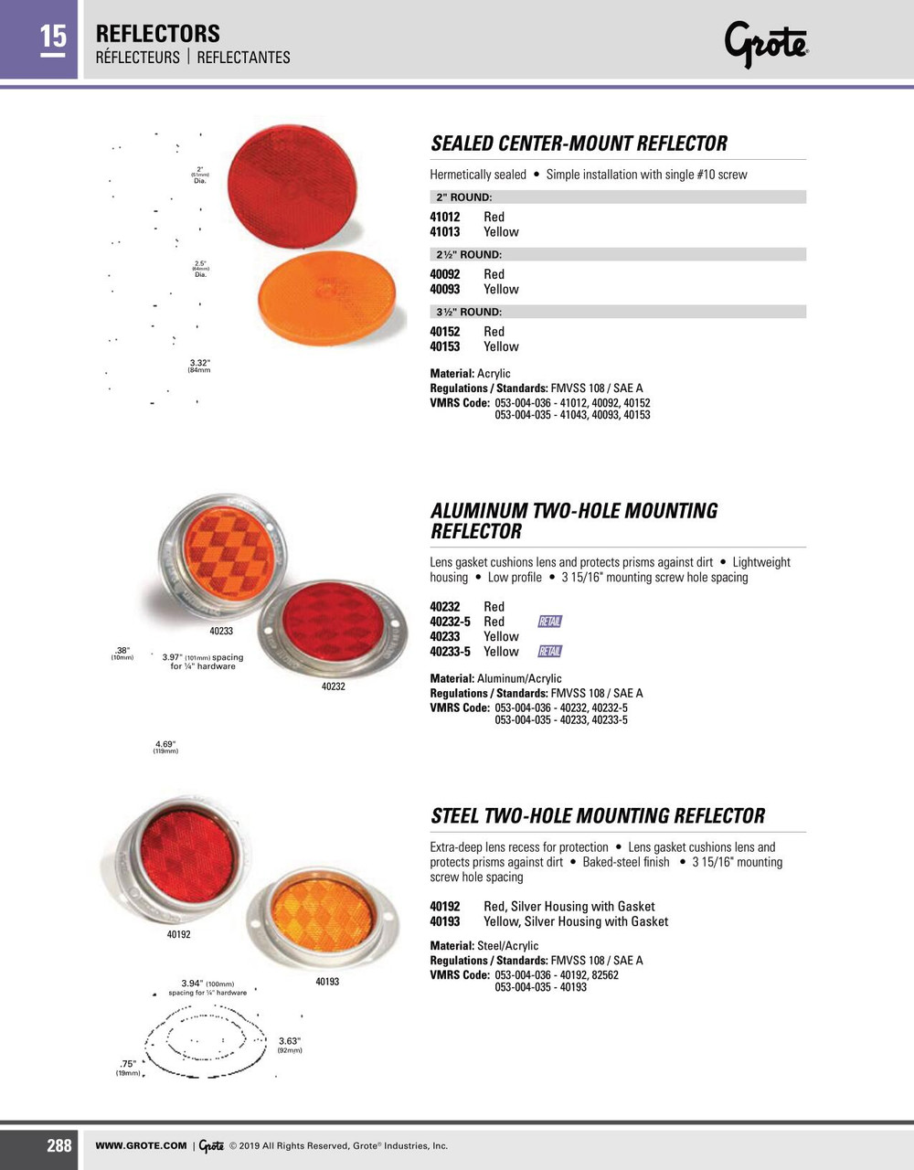 Sealed Center-Mount Reflector - Amber  40153