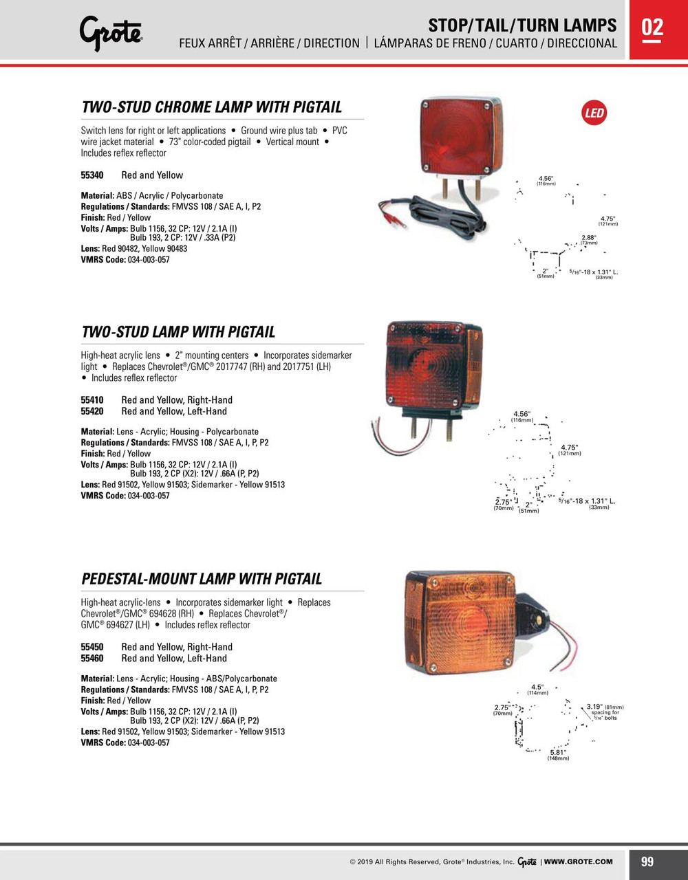 Two-Stud Lamp w/Pigtail Right Hand - Red/Amber  55410