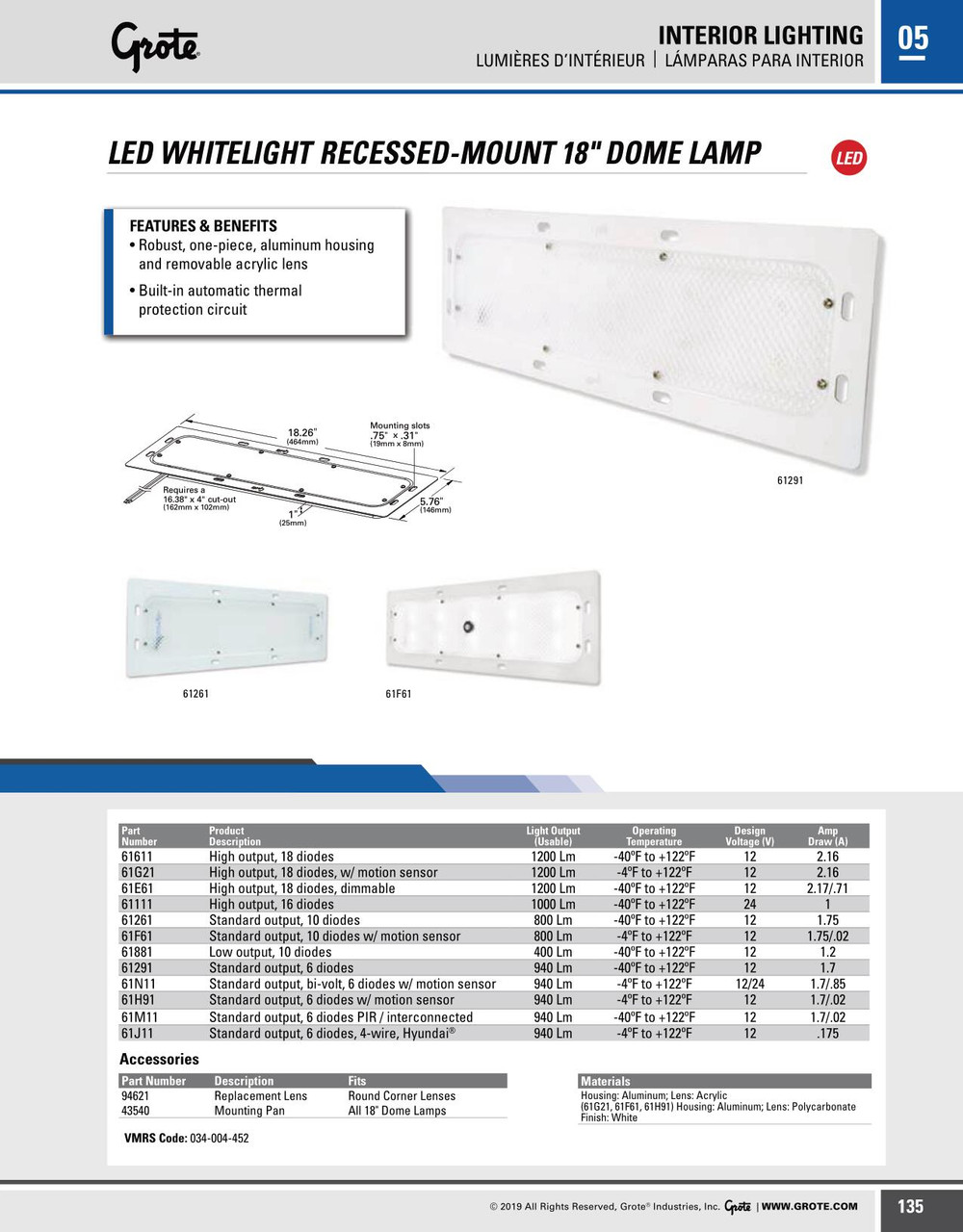 18" LEDLamp® 10 Diode Recessed Mount Dome Lamp Motion Sensor - Clear  61F61