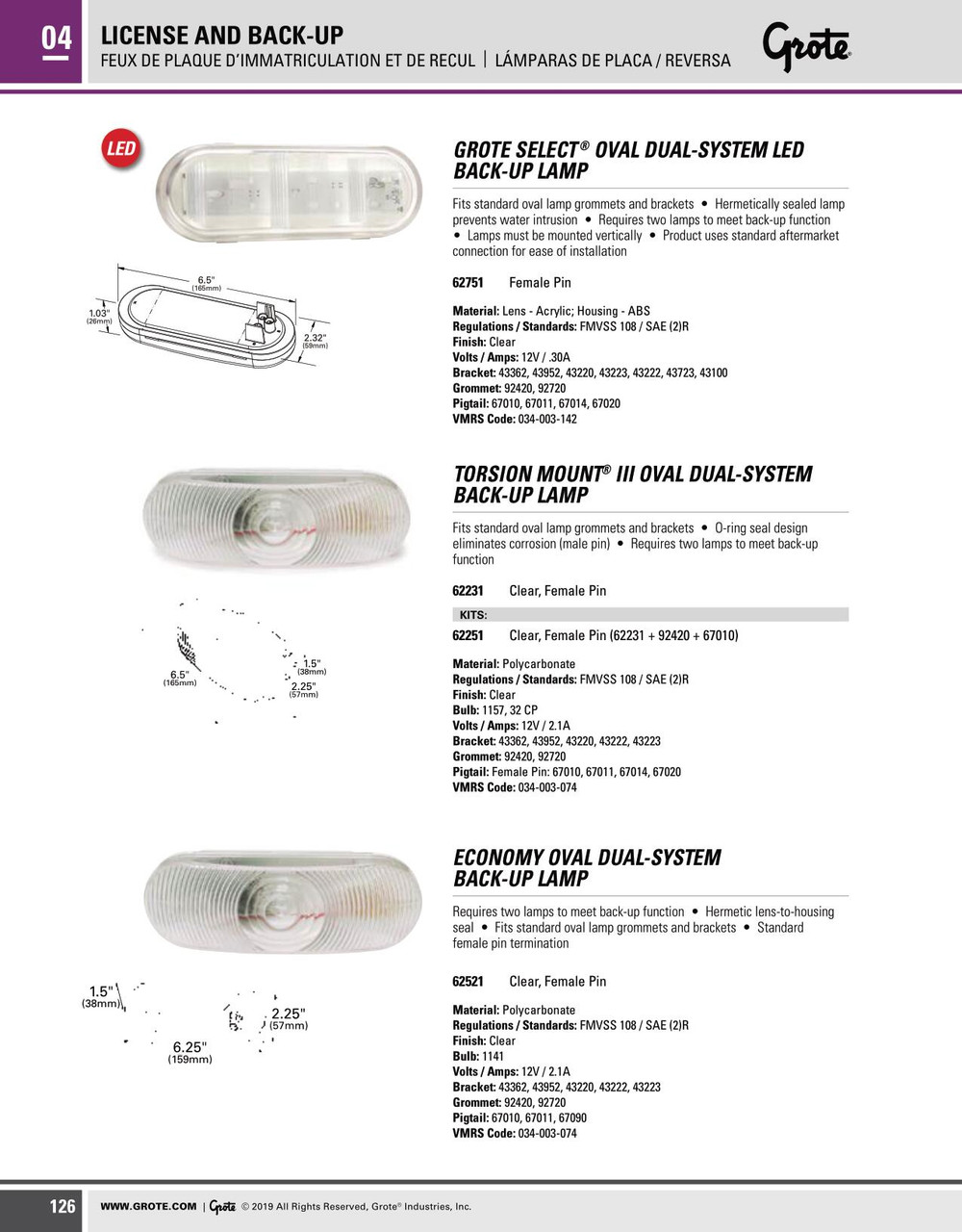 Torsion Mount® III Oval Dual System Backup Lamp w/Female Pin - Clear  62231