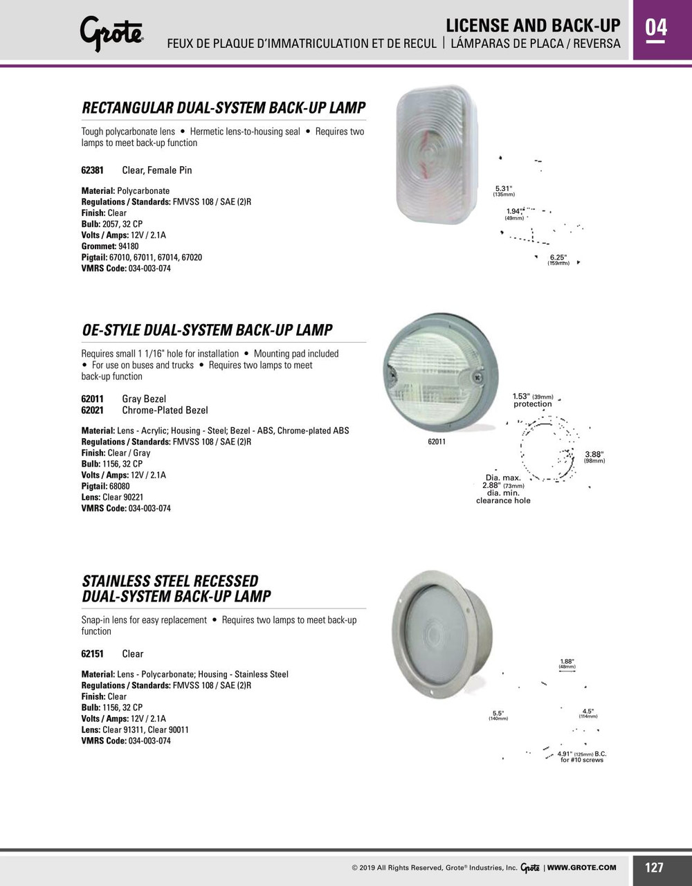 Rectangular Dual-System Backup Lamp w/Female Pin - Clear  62381
