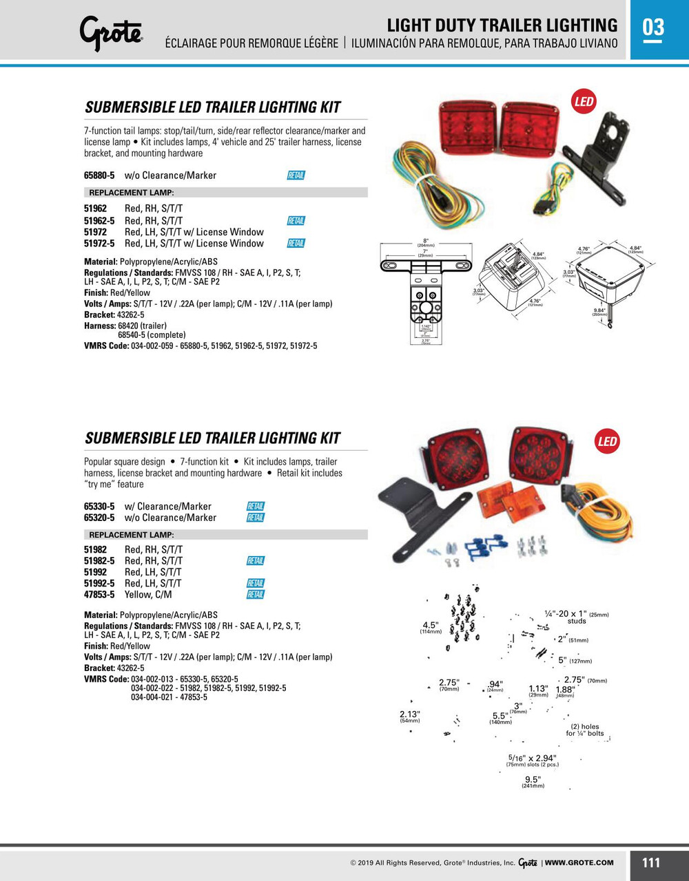 Submersible LED Trailer Lighting Kit - Popular Square Design w/o Clearance/Marker - Retail - Red  65320-5