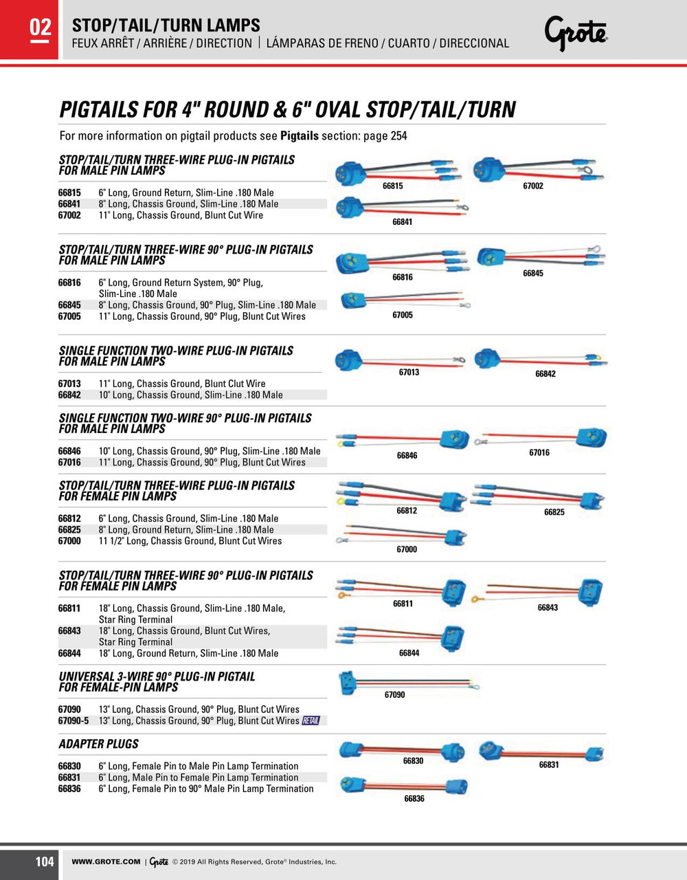 18" Stop/Tail/Turn Three-Wire 90° Male Pin Pigtail w/.180" Bullet Connectors & Ring Terminal Wire  66811