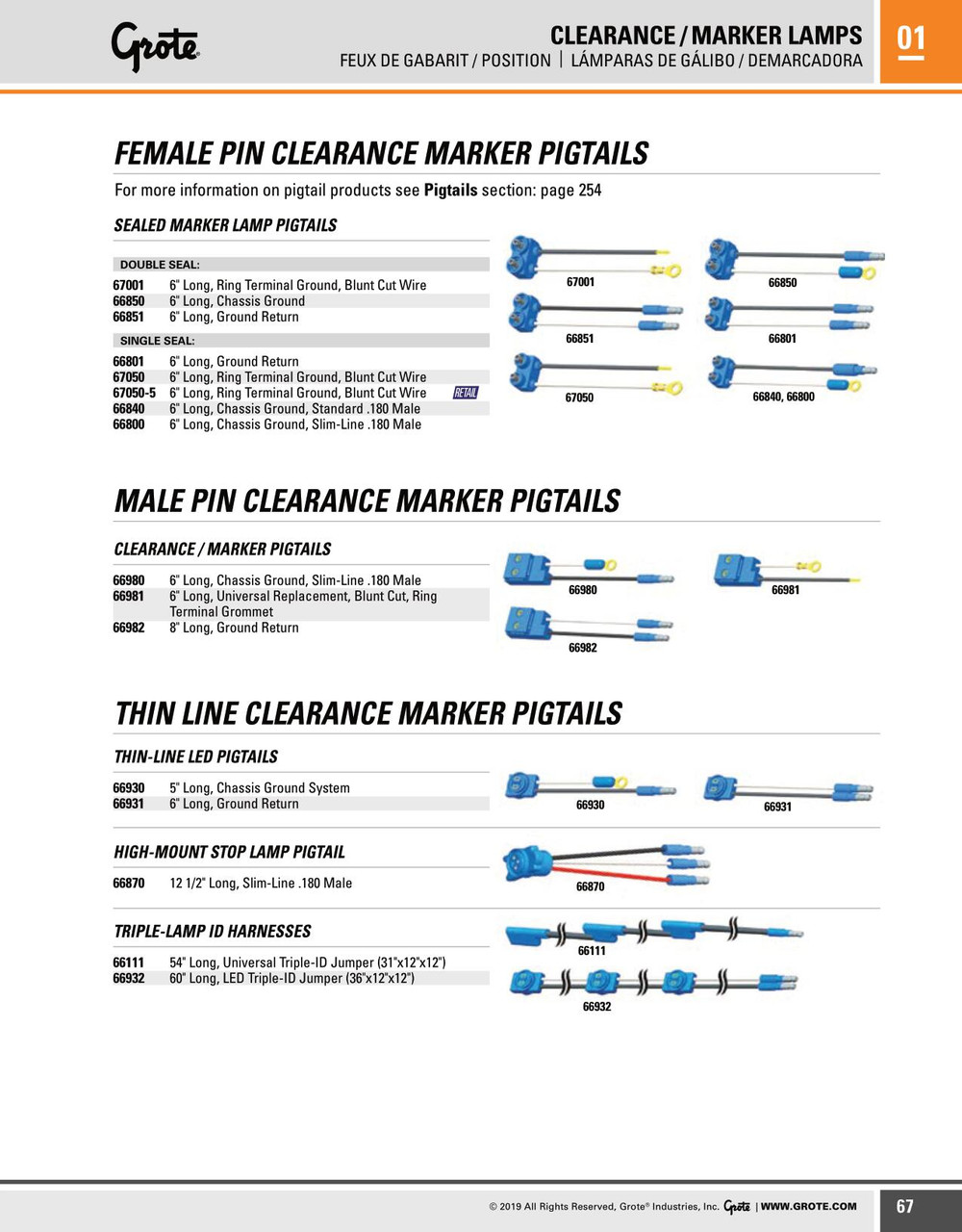 6" Marker Lamp Two-Wire Male Pin Pigtail w/.180" Bullet Connector & Ring Terminal Wire  66840