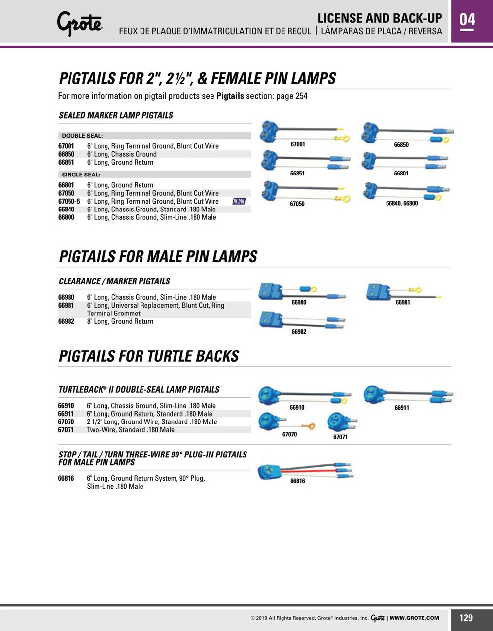 6" Marker Lamp Two-Wire Male Pin Pigtail w/.180" Bullet Connectors  66851