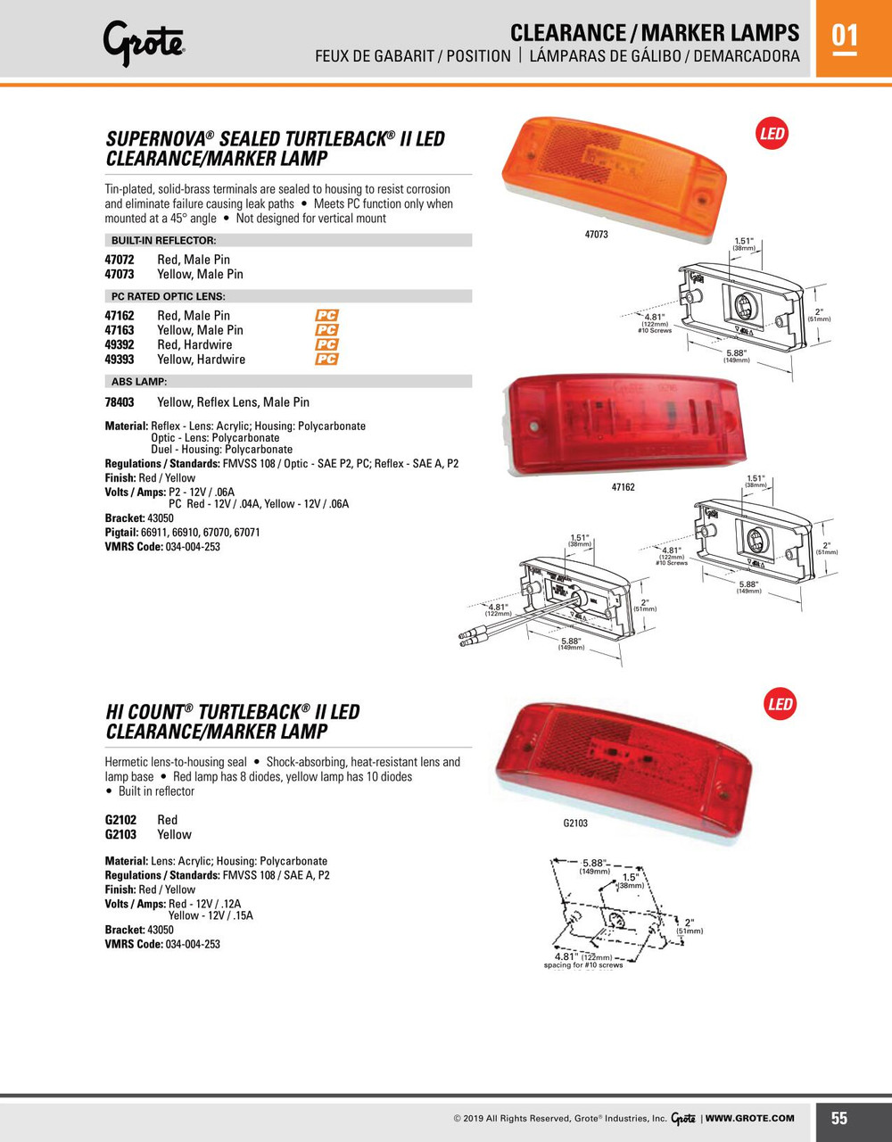 SuperNova® Sealed Turtleback® II LED Clearance/Marker Lamp ABS Reflex Lens w/Male Pin - Amber  78403