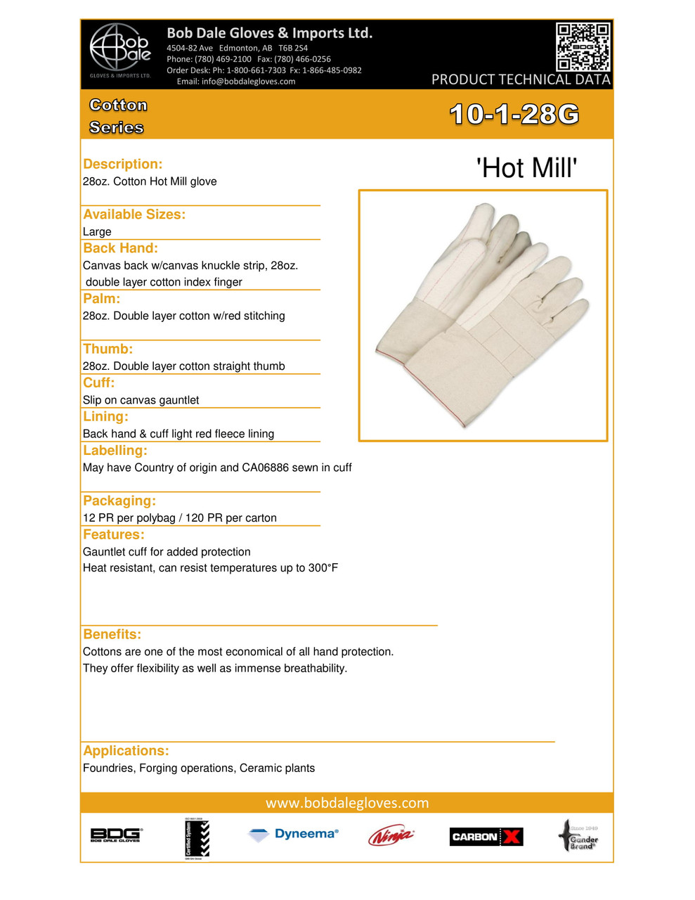 Hot Mill Cotton Glove w/Canvas Backhand & Gauntlet Cuff  10-1-28G