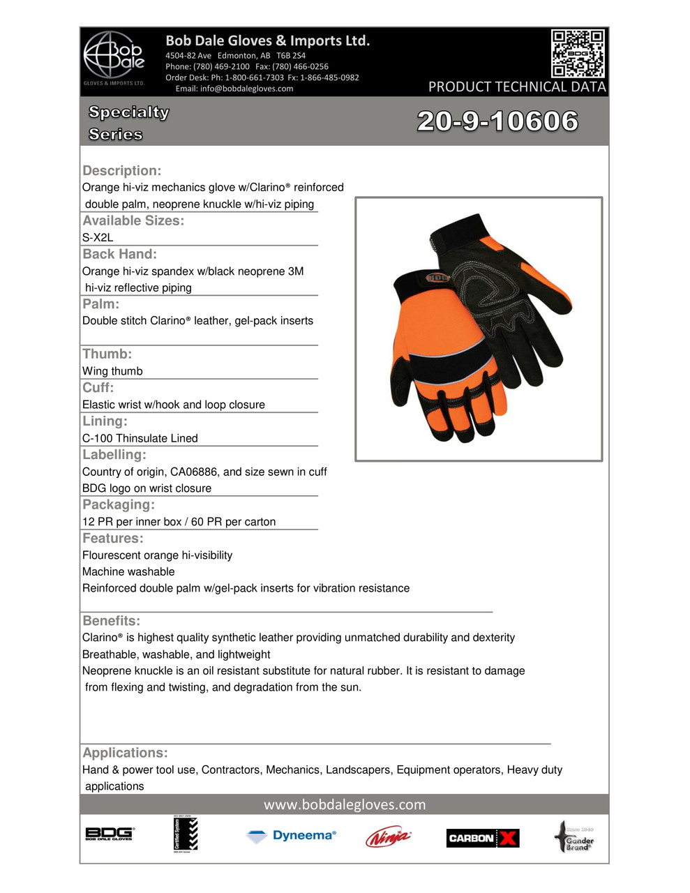 Winter Mechanics Clarino® Leather Palm Thinsulate® C100 Hi-Viz Orange Glove  20-9-10606