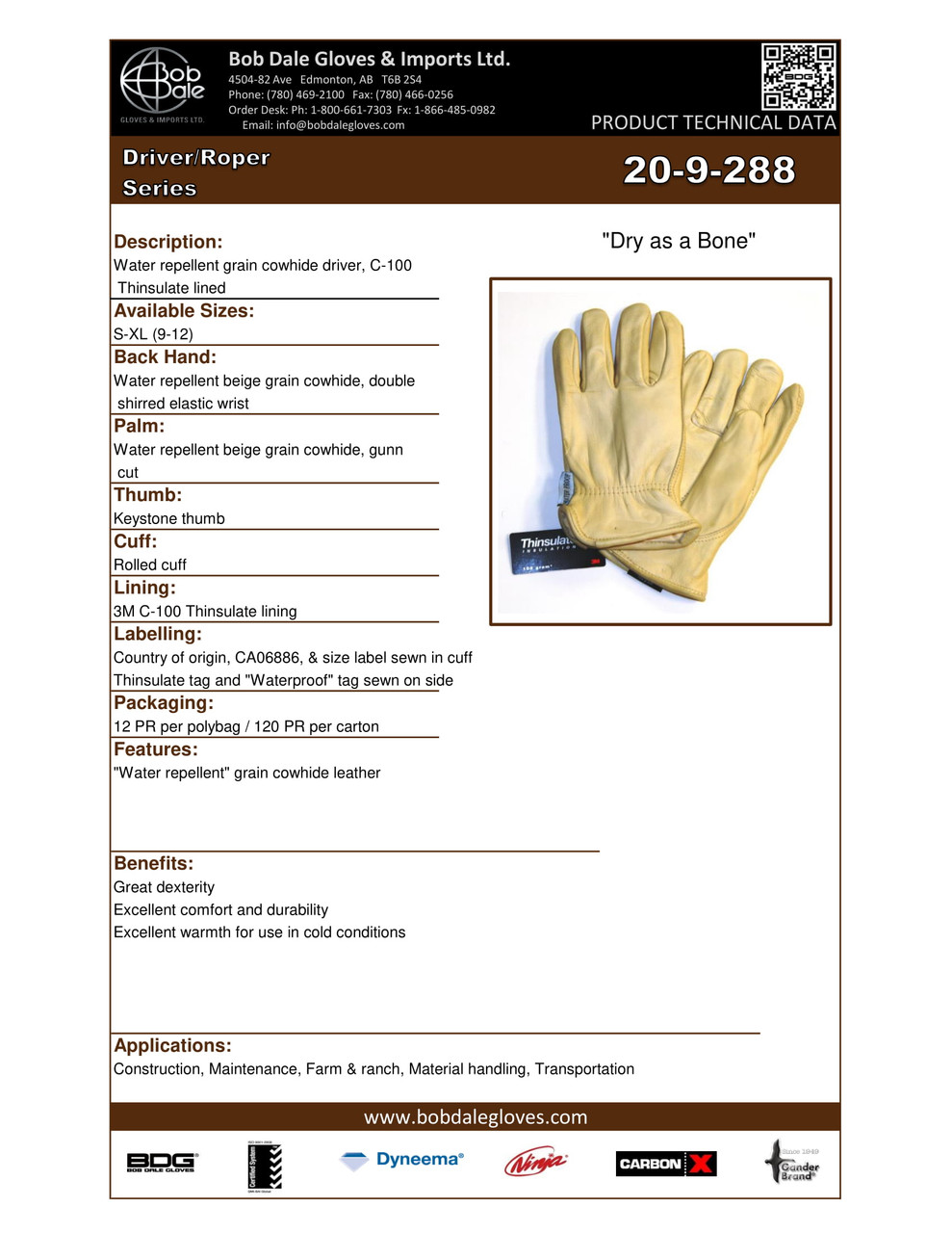 Winter Grain Cowhide Roper "Dry As A Bone" Thinsulate® C100 Keystone Thumb  20-9-288