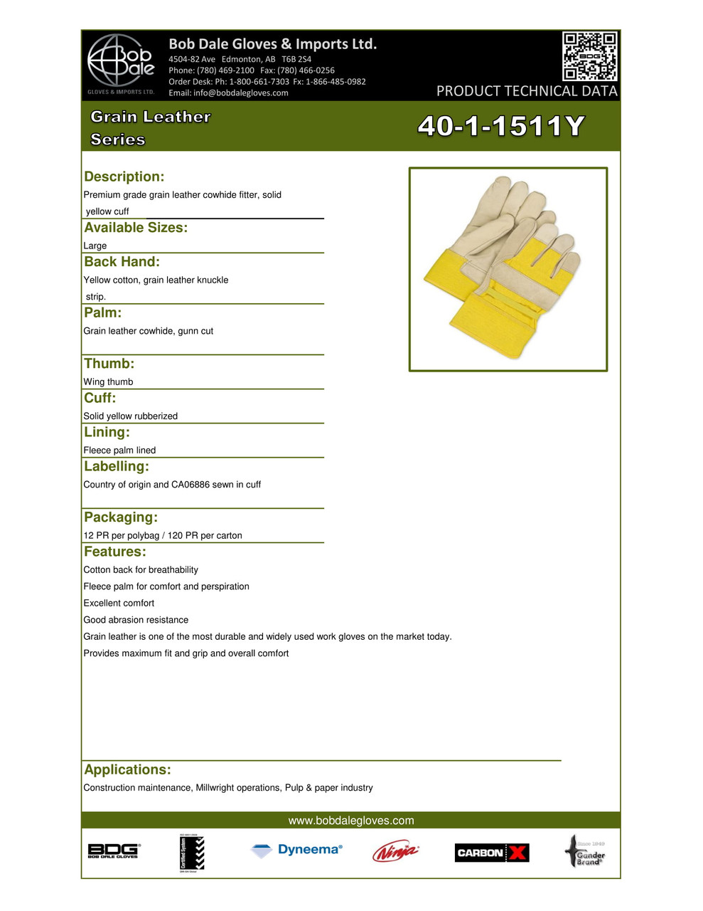 Grain Cowhide Canvasback Fitter Fleece Lined Yellow  40-1-1511Y