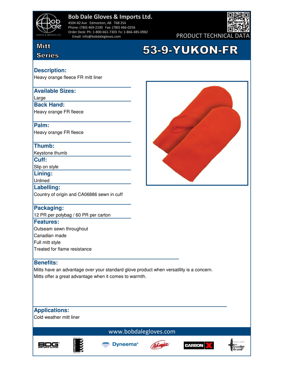 Nomex® FR Fleece Mitt Liner Hi-Viz Orange  53-9-YUKON-FR