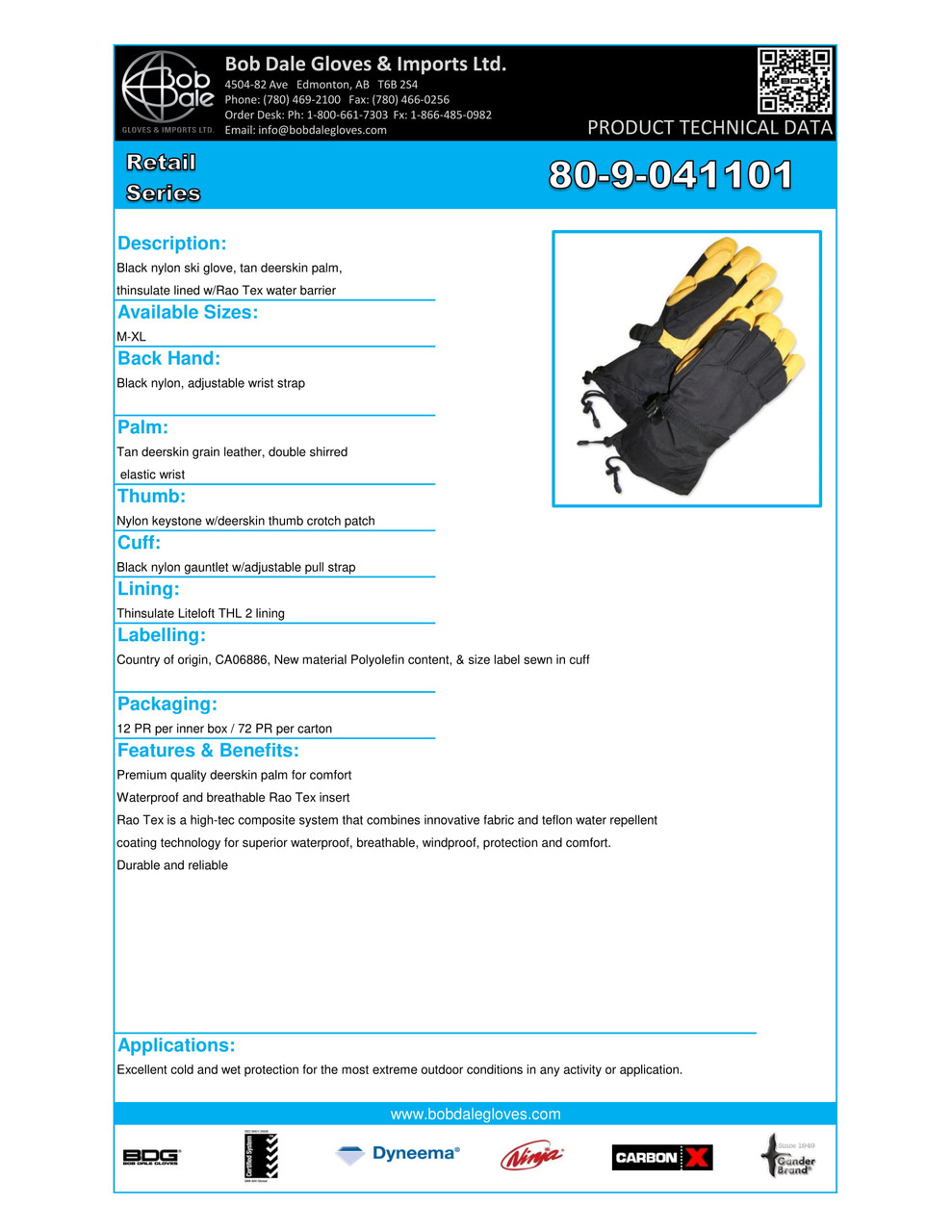 Winter Grain Deerskin Ski Glove Thinsulate® Lined Nylon RaoTex Backhand Black/Tan  80-9-041101