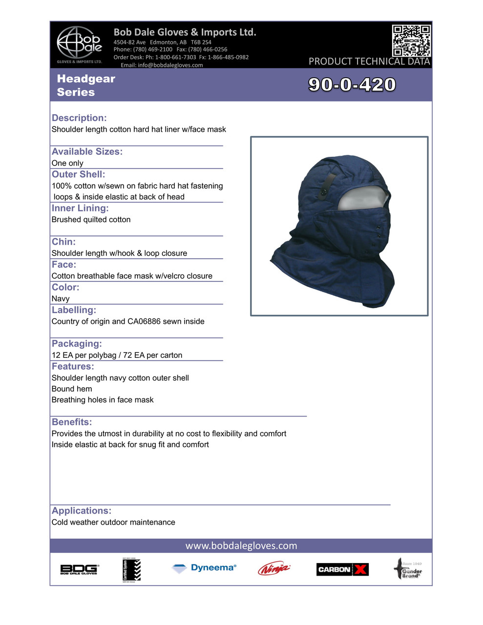 Hard Hat Liner Navy Quilted Cotton w/Face Mask Shoulder Length  90-0-420