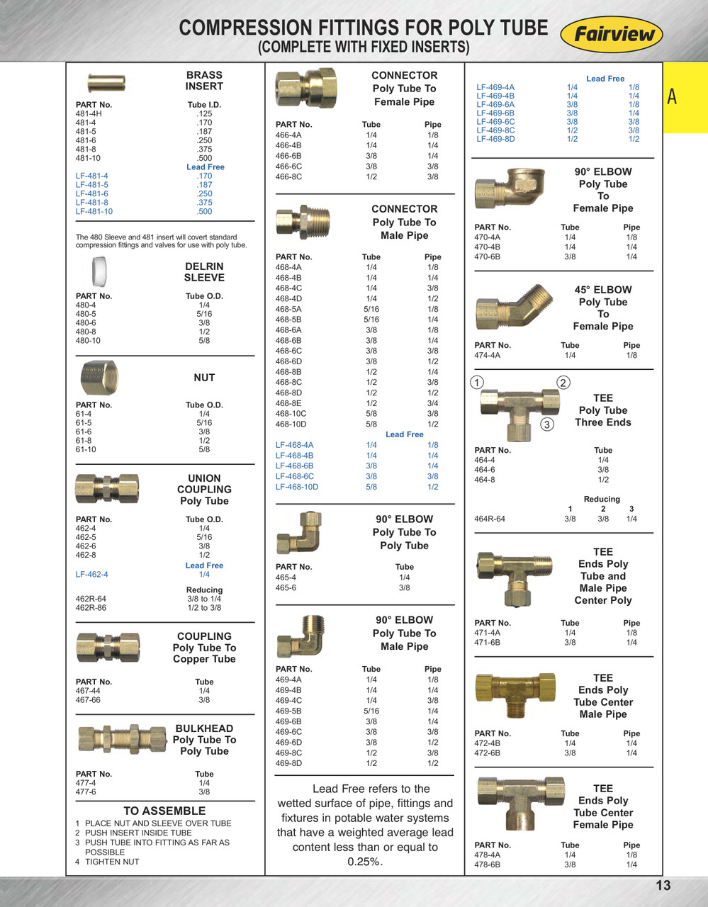 1/4 x 1/4" Brass Poly Tube Compression w/Fixed Insert - Male NPT 90° Elbow   469-4B