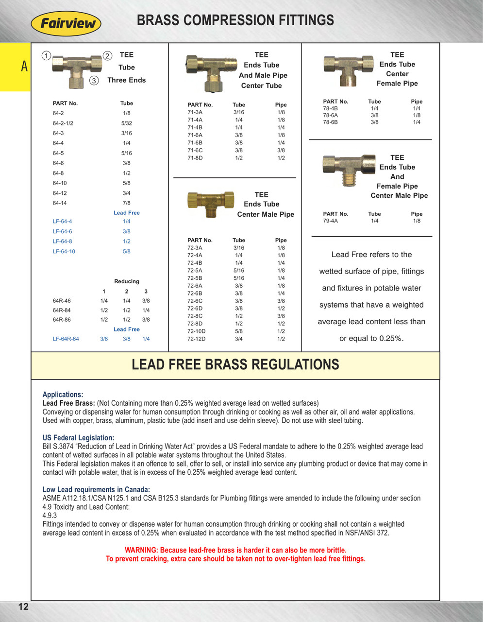 1/4 x 1/8 x 1/4" Brass Compression - Male NPT  - Compression Tee  71-4A