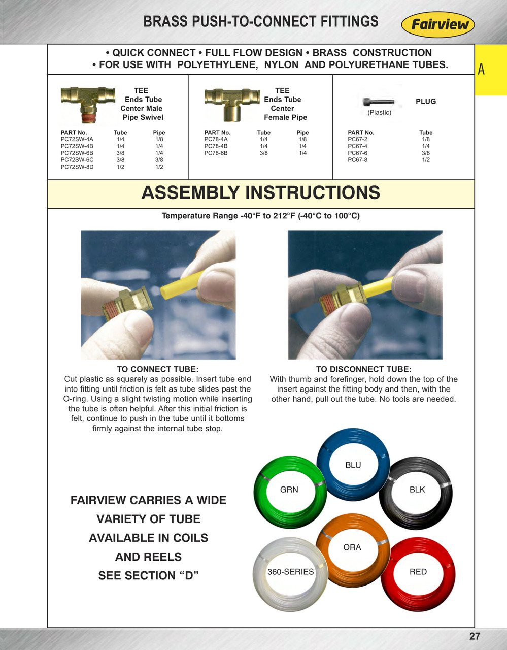1/4 x 1/4 x 1/8" Brass Push-To-Connect - Push-To-Connect - Male NPT Swivel Tee  PC72SW-4A