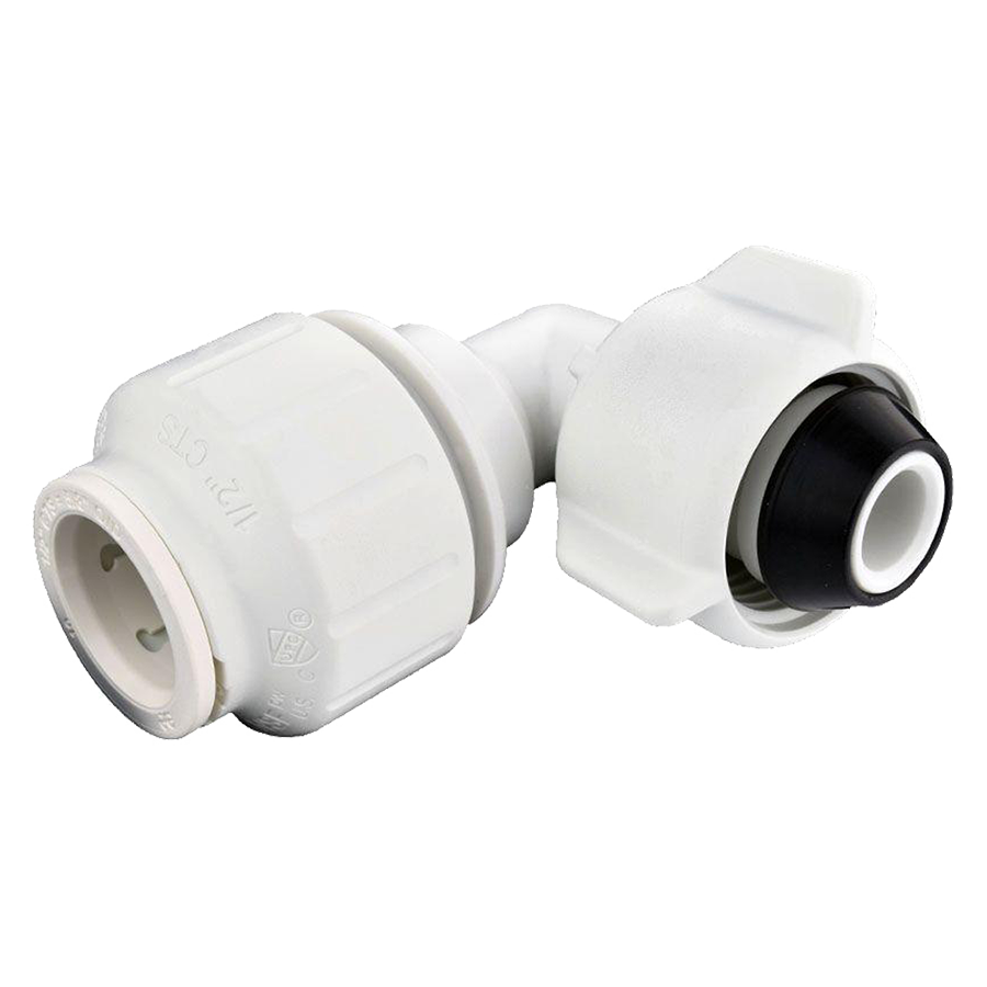 1/2 x 7/8 ~ 15/16" JG® White Polypropylene CTS Twist Lock - Female UNS Swivel 90° Elbow  PEIBTC20C75