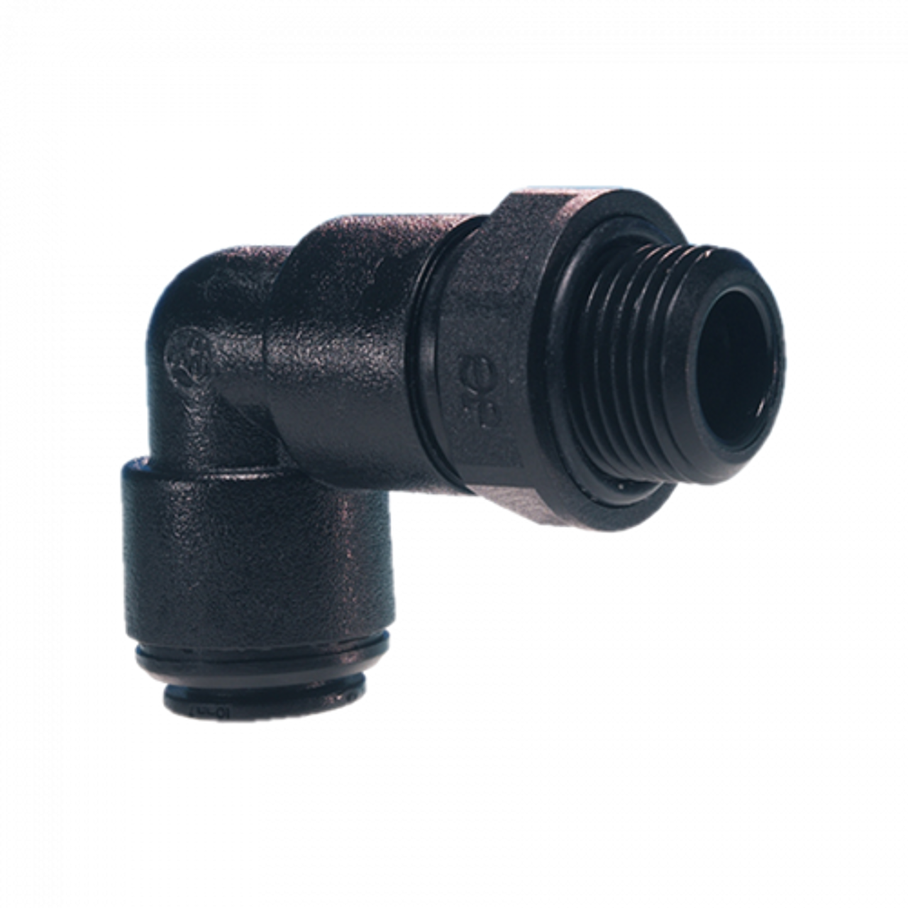 6mm x 1/4" JG® Black Acetal Push-To-Connect - Male BSPP Swivel 90° Elbow  PM090612E