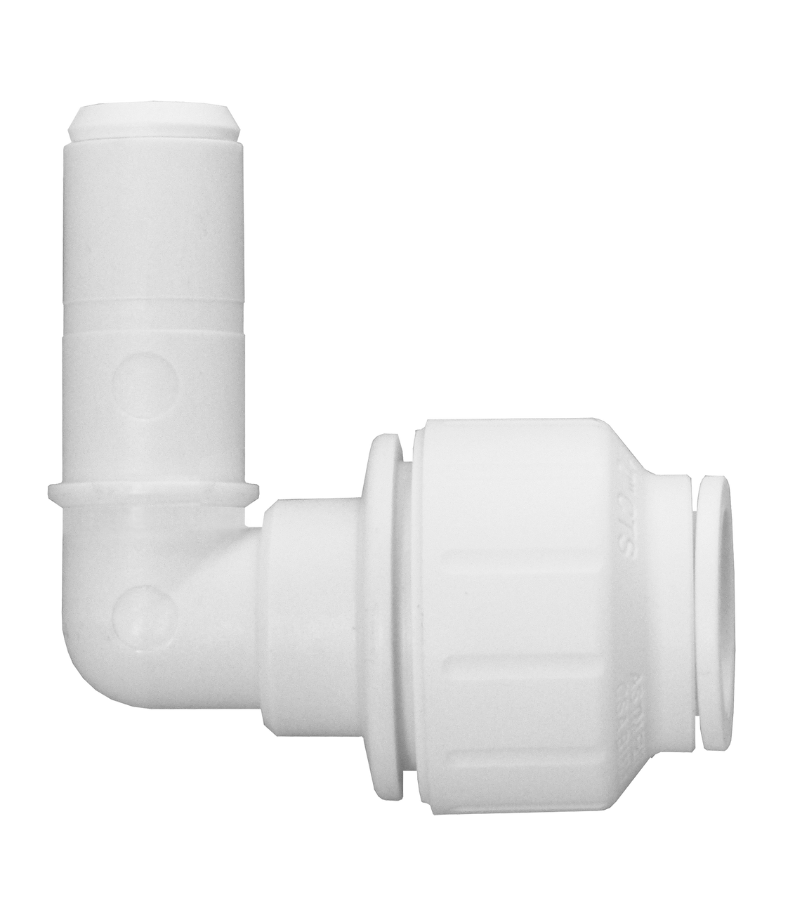 3/8 x 1/4" JG® White Polypropylene Male Stem - Push-To-Connect 90° Elbow  PP221208W