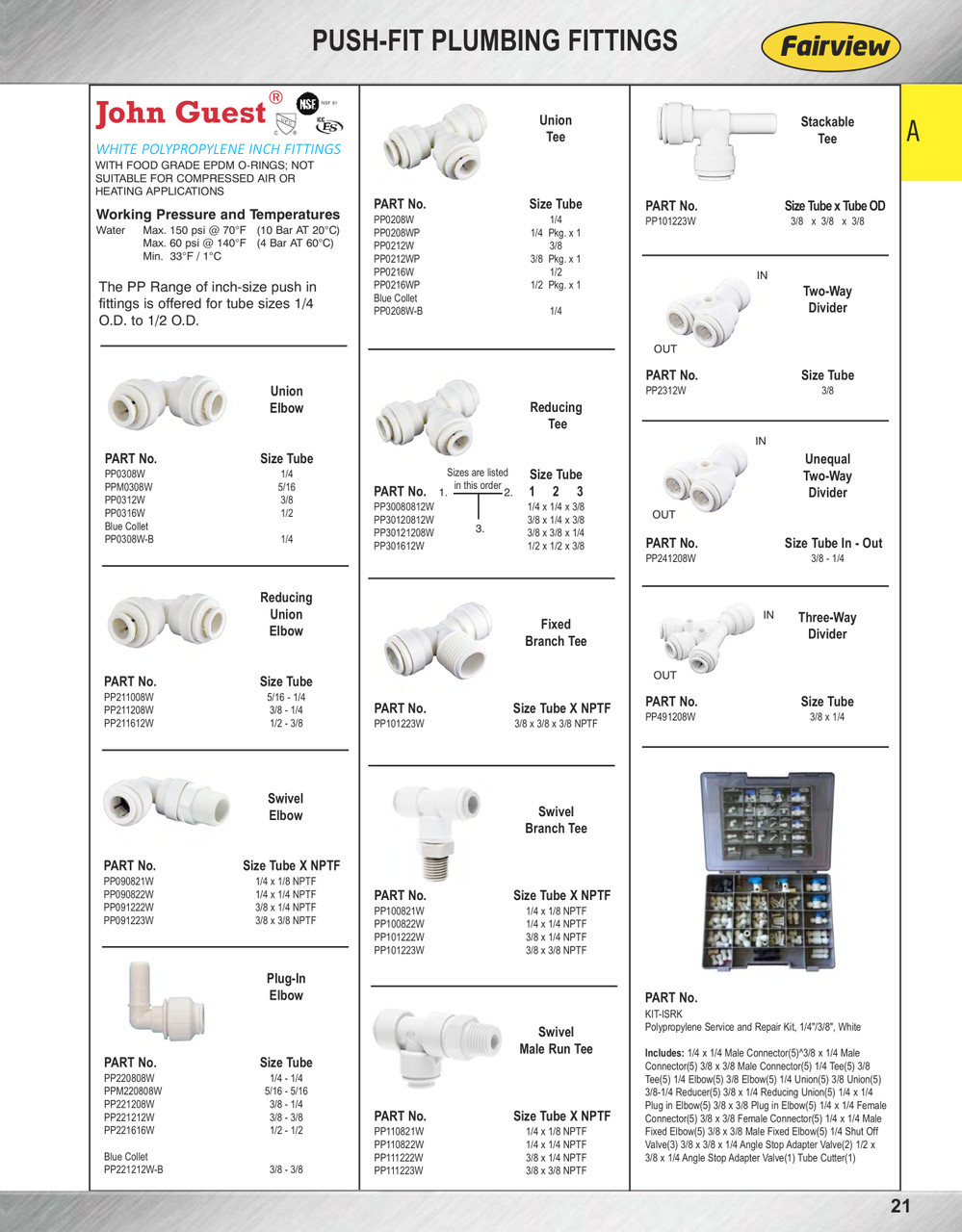 3/8 x 1/4" JG® White Polypropylene Push-To-Connect Reducing Tee  PP30121208W