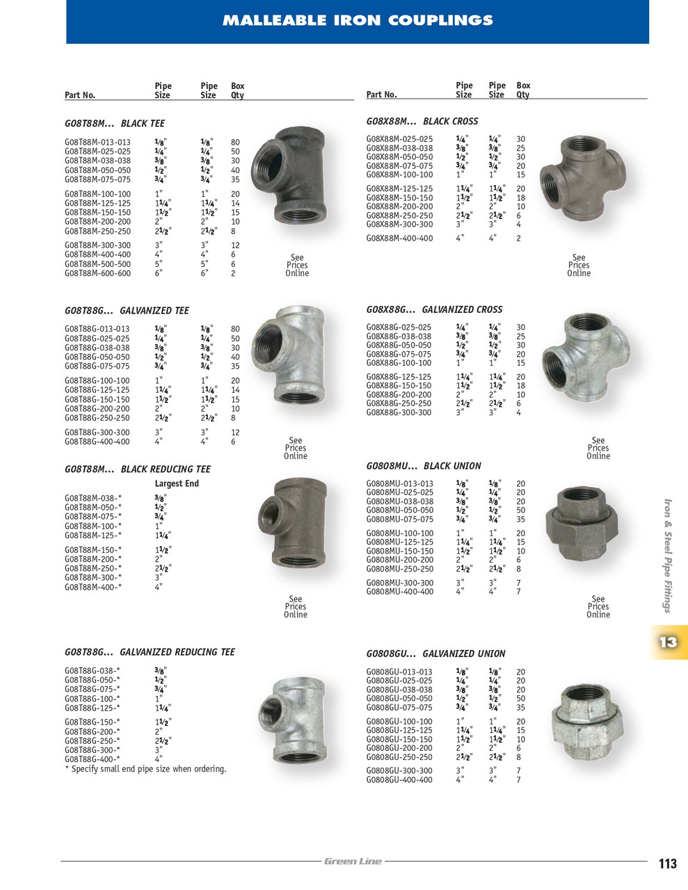 3 x 3 x 1" Sch. 40 Galvanized Iron Female NPT Reducing Tee   G08T88G-300-100