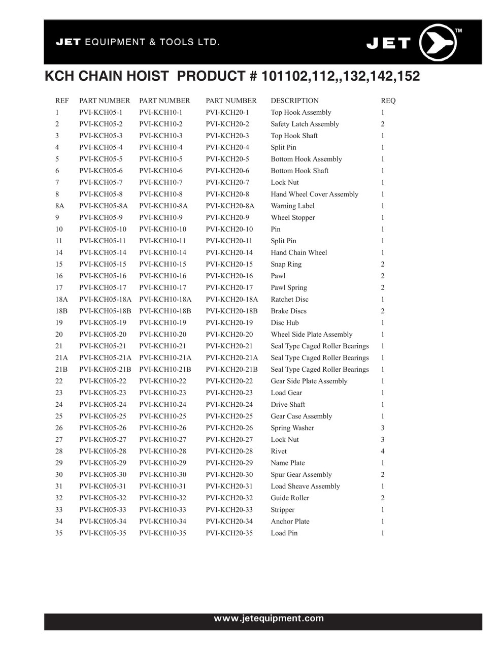 3T @ 10' Lift KCH Series Chain Hoist  101142