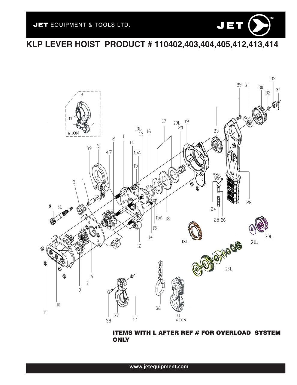 3/4T @ 5' Lift KLP Series Lever Chain Hoist w/Overload Protection  110412