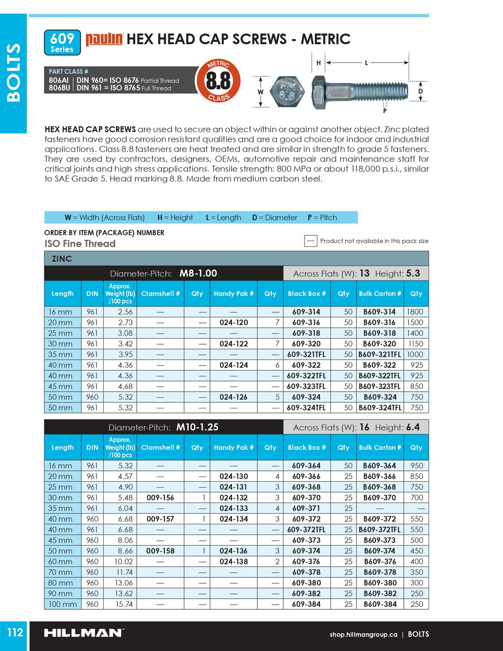 M10-1.25 x 70mm Grade 8.8 Zinc Plated Hex Head Cap Screw 25 Pc.   609-378