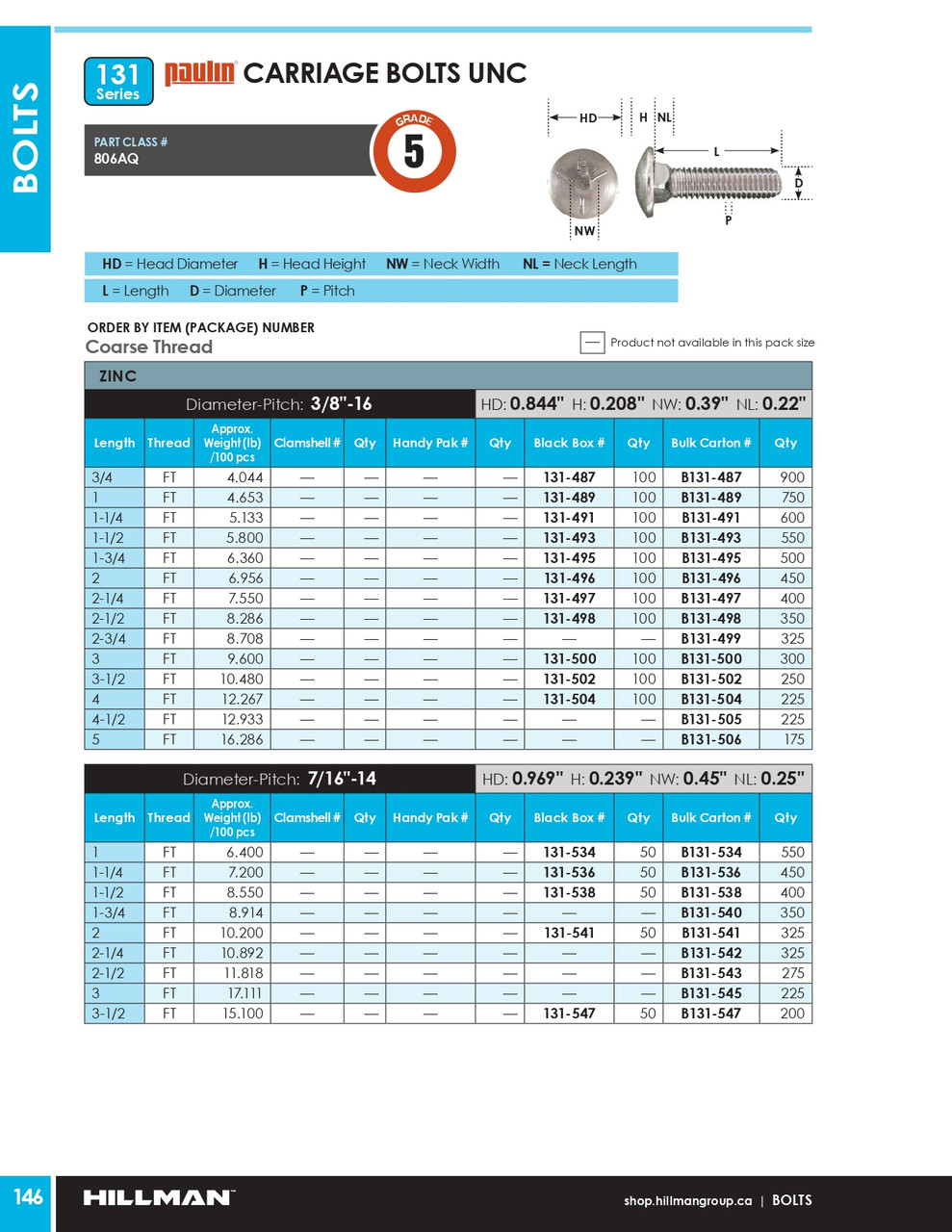 7/16"-14 x 3" UNC Grade 5 Zinc Plated Carriage Bolt 225 Pc.   B131-545