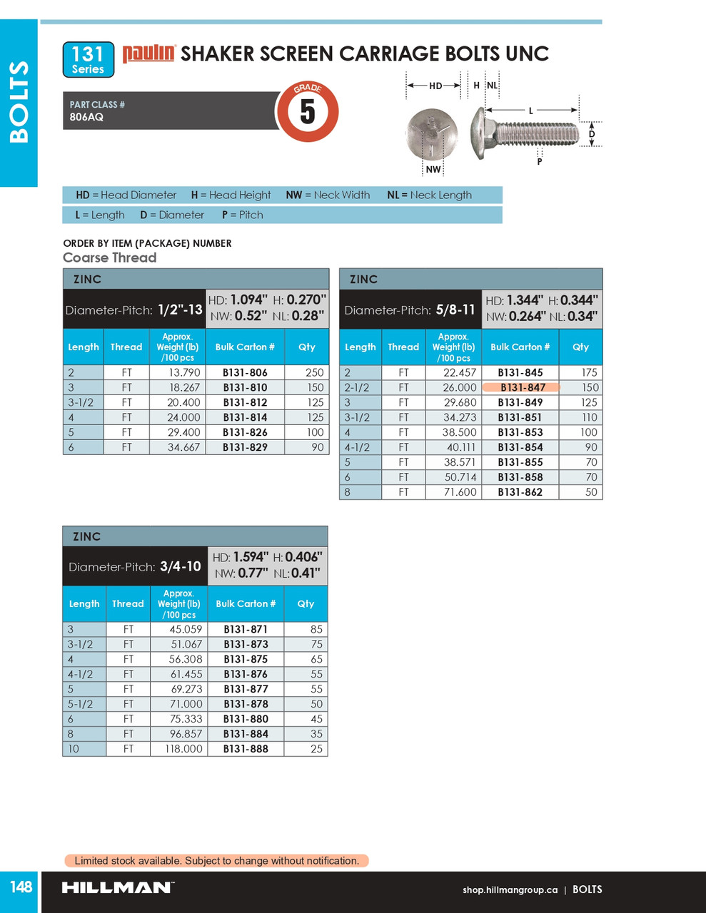 5/8"-11 x 3-1/2" UNC Grade 5 Zinc Plated Carriage Bolt 110 Pc.   B131-851