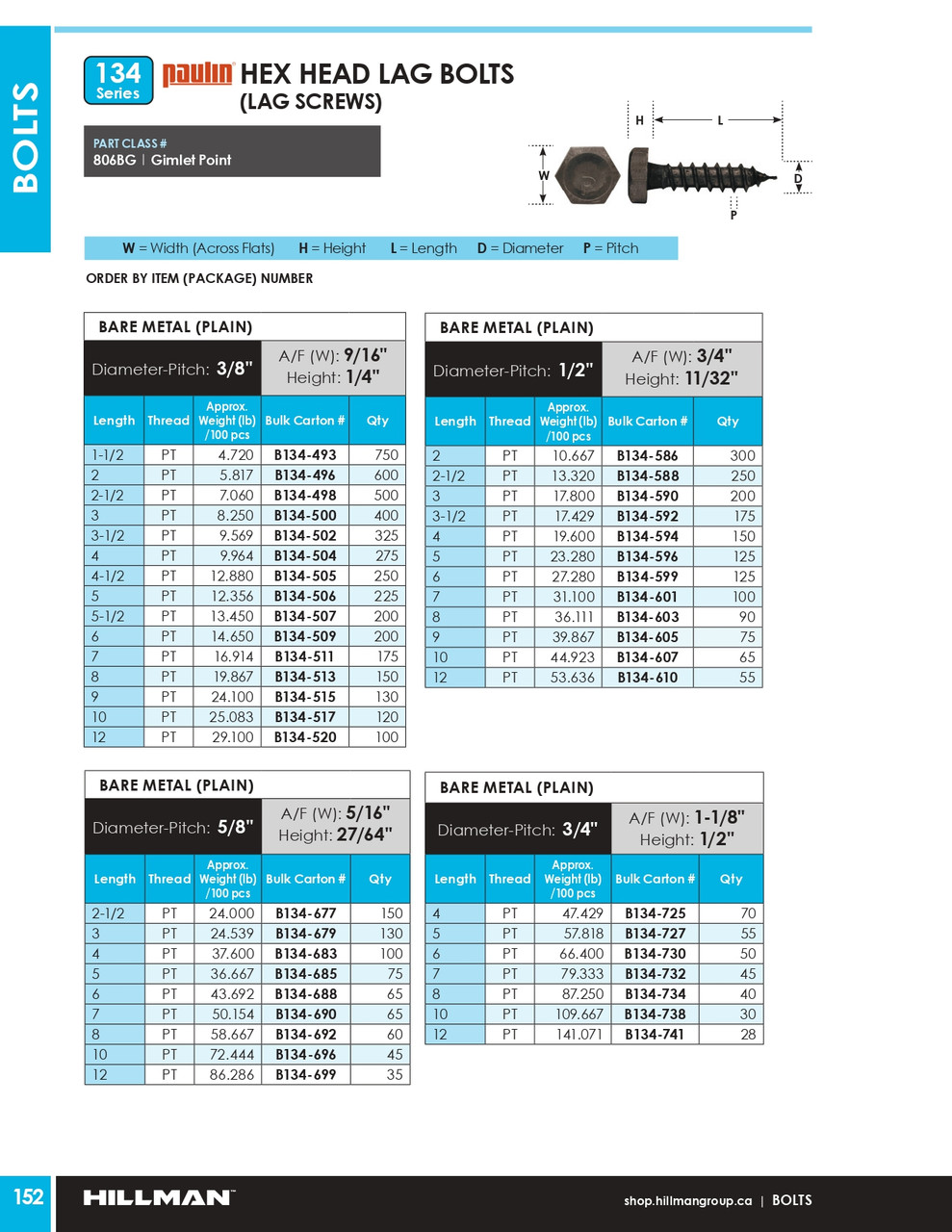 3/8" x 8" Bare Hex Head Lag Bolt 150 Pc.   B134-513