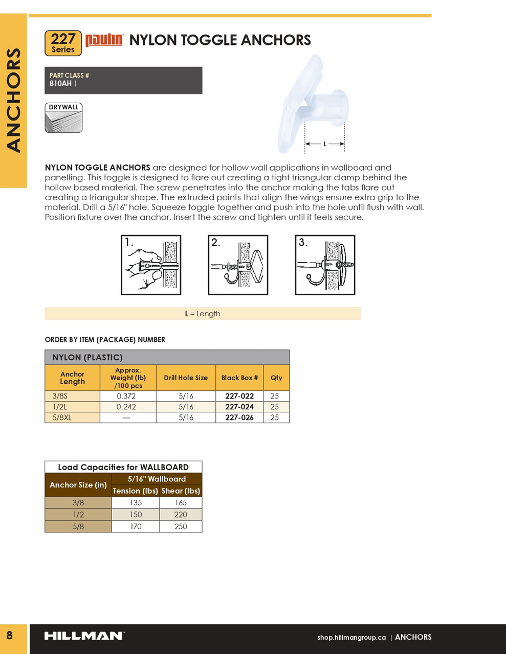 Nylon Toggle Wall Anchor 25 Pc.   227-022