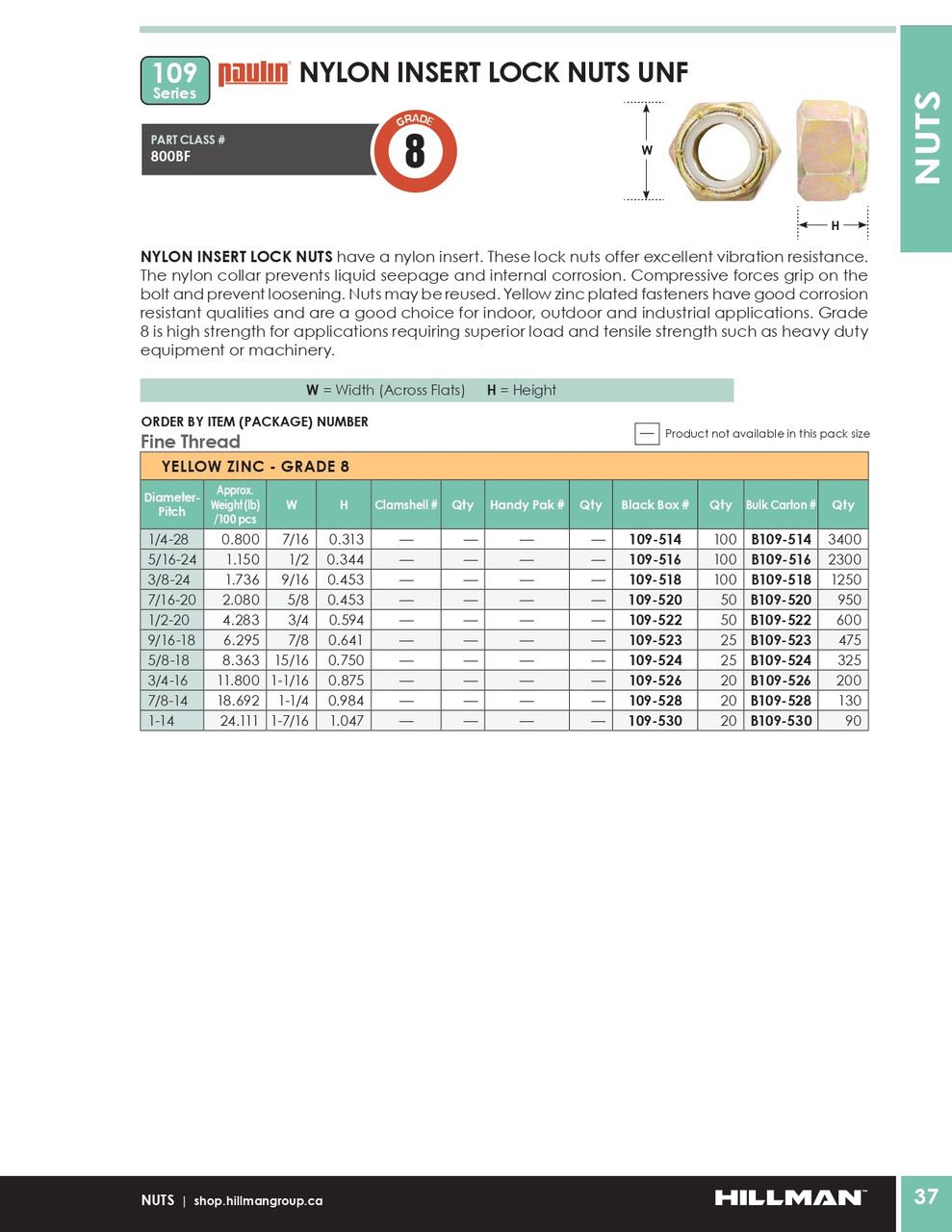 3/8"-24 UNF Grade 8 Zinc Plated Hex Nylon Lock Nut 1250 Pc.   B109-518