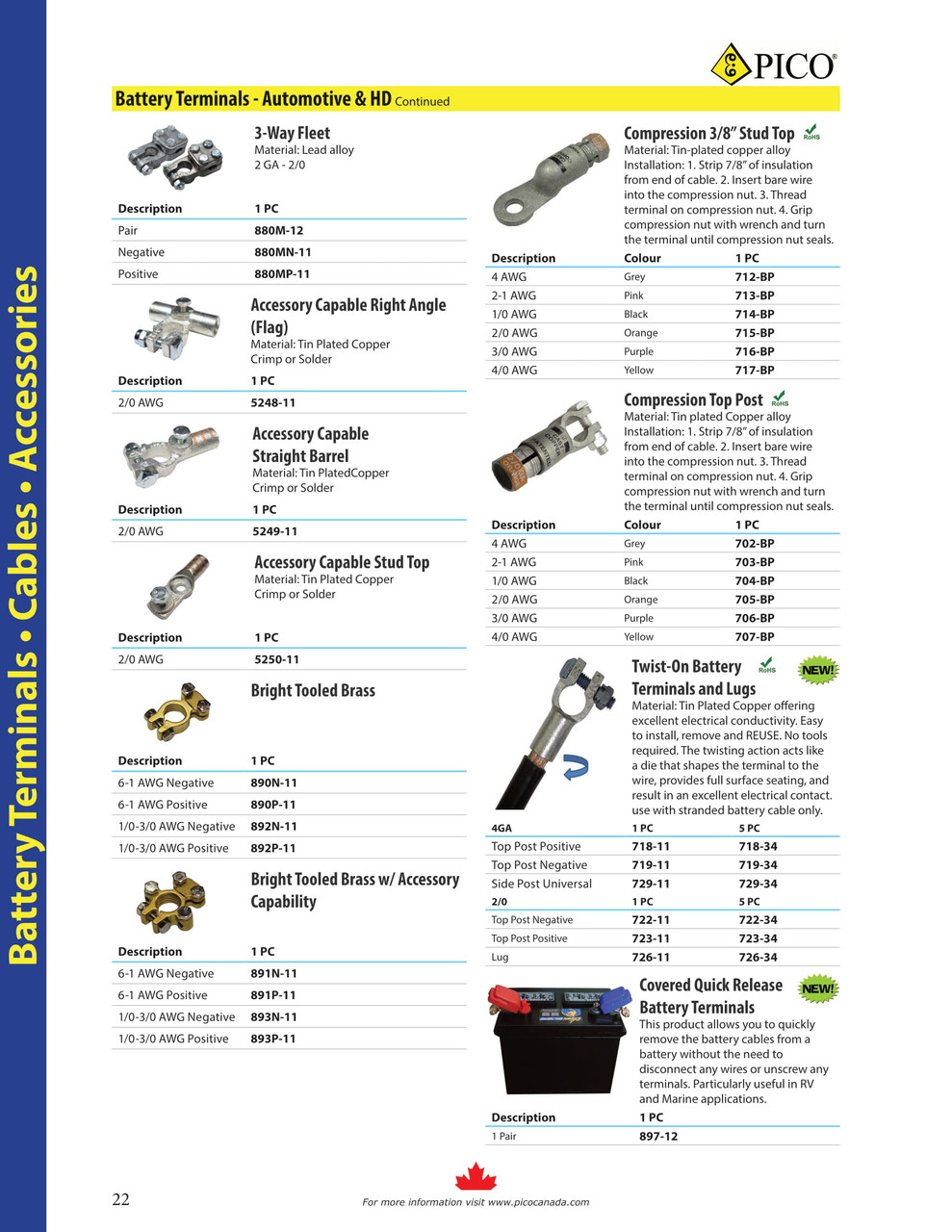 1 Pr. 2-2/0 AWG Lead Positive & Negative 3-Way Fleet Battery Terminals  880M-12