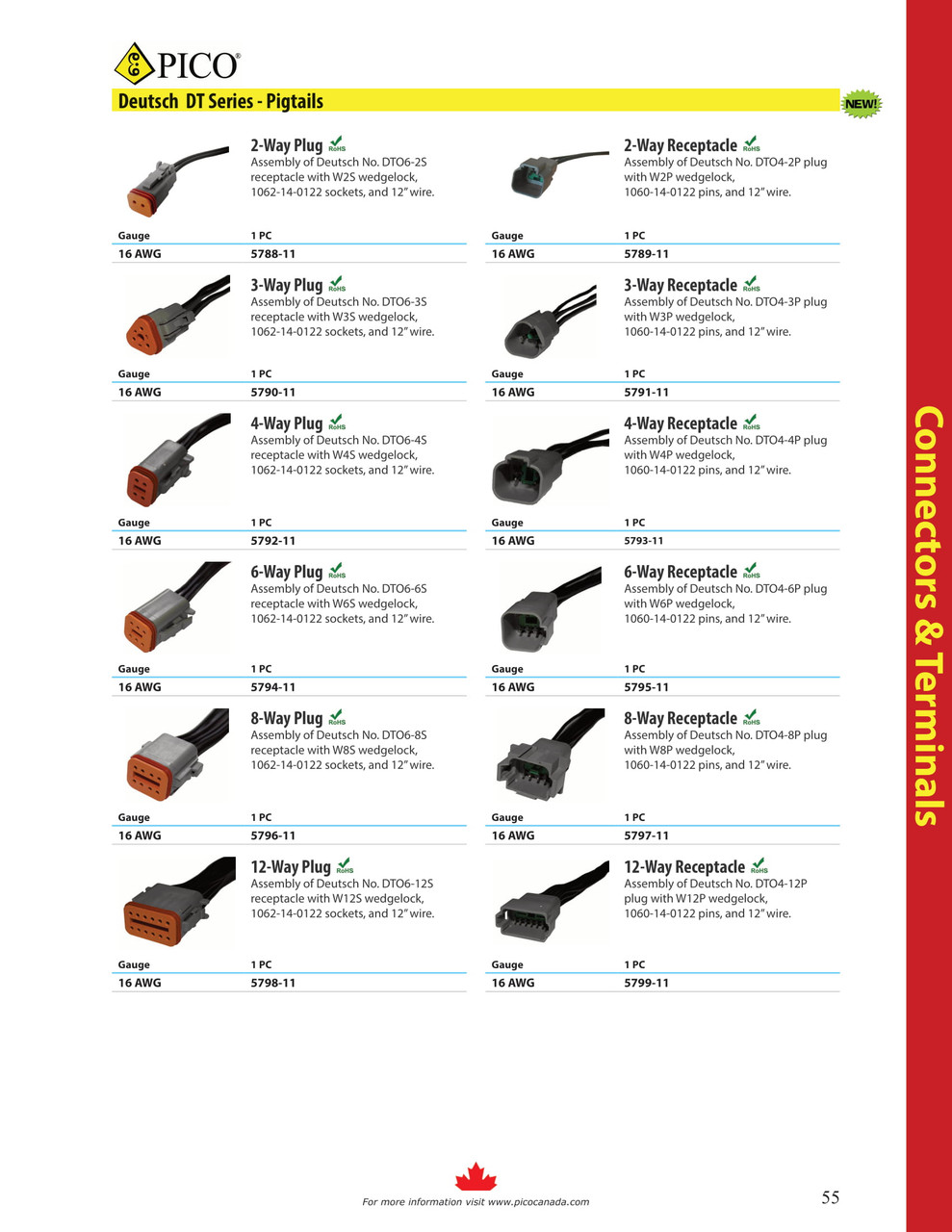 16 AWG 6-Way Deutsch "DT" Female Receptacle Pigtail  5794-11