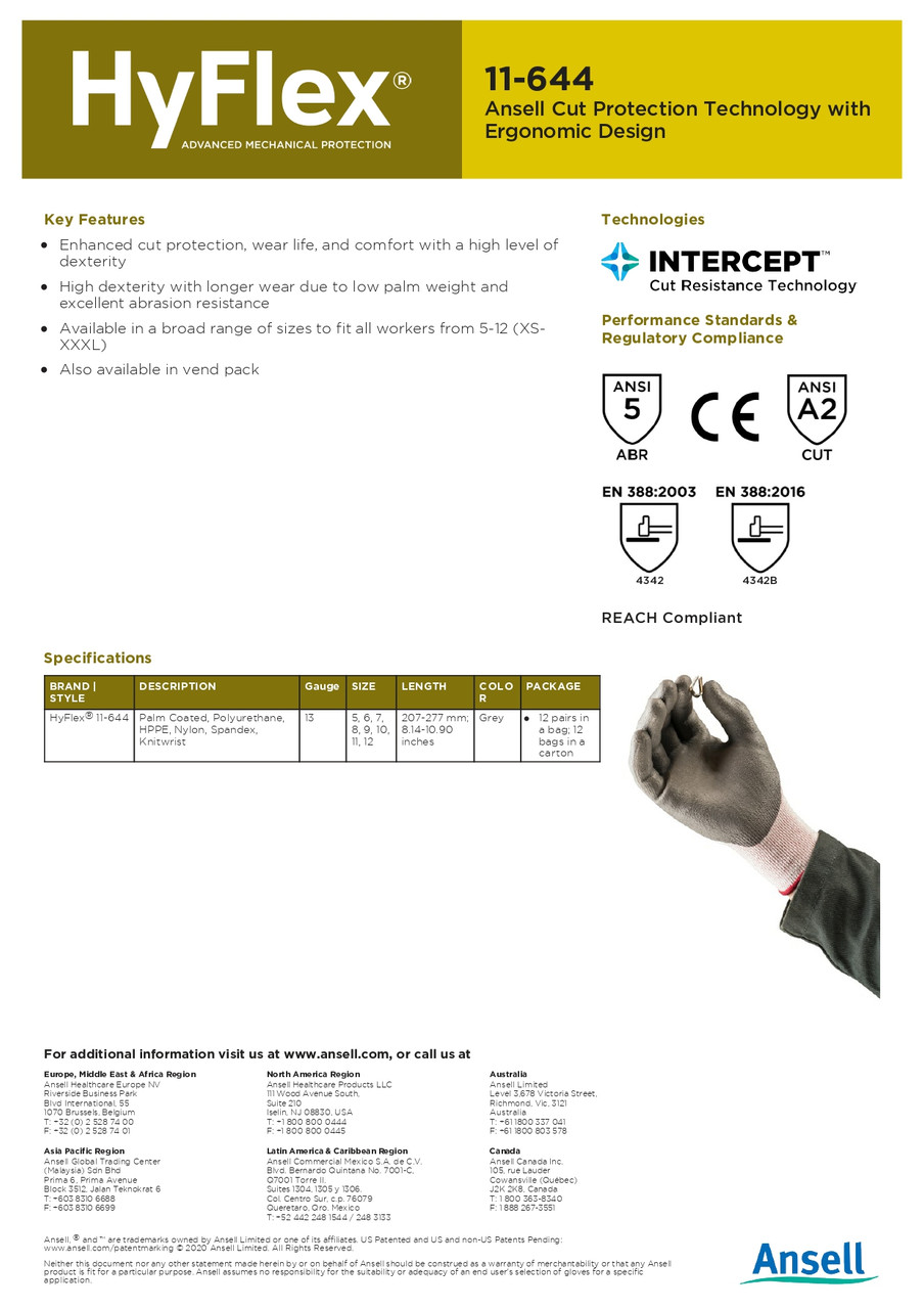 Ansell Hy-Flex® Polyurethane Coated HPPE Cut Resistant Glove  11-644
