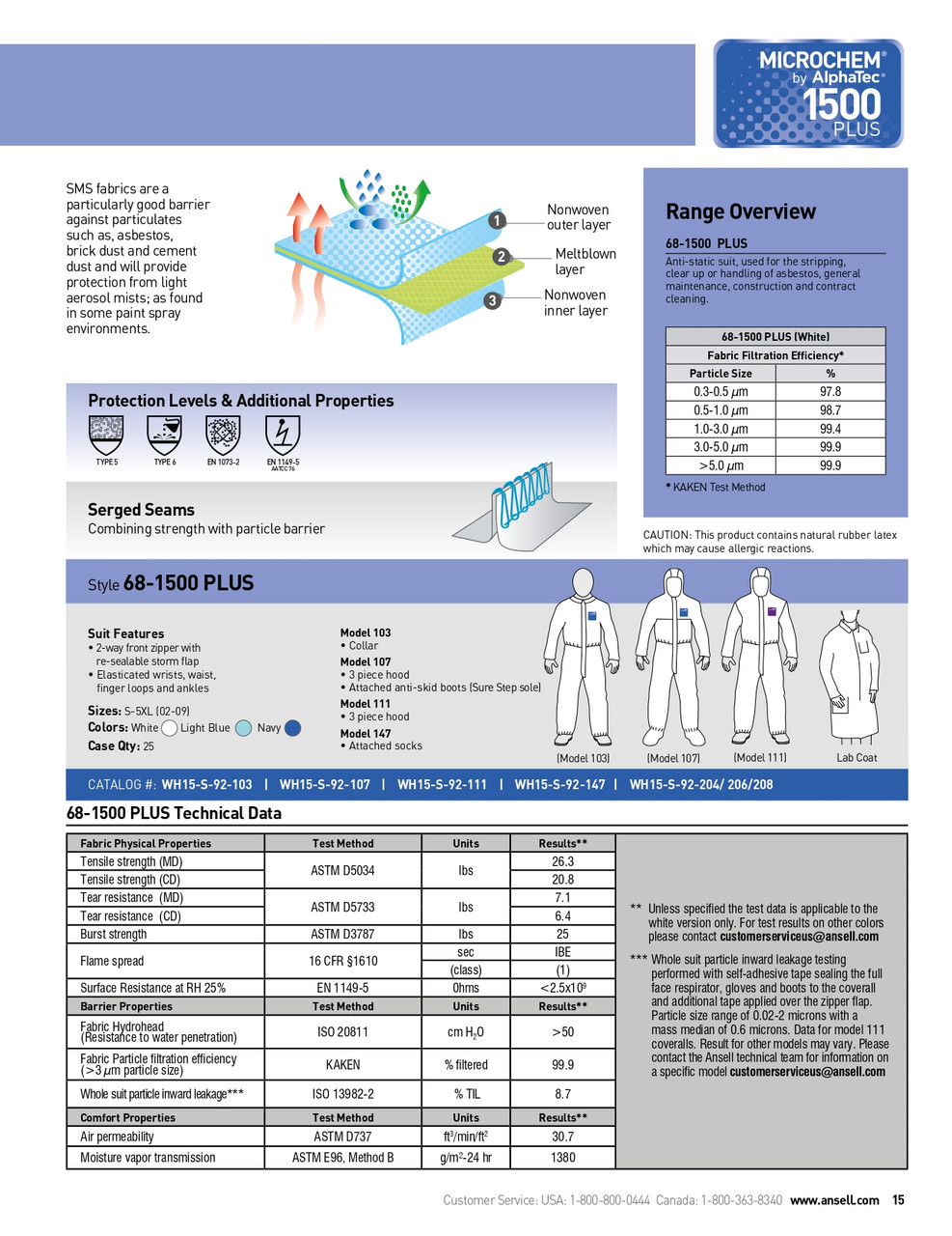 Ansell AlphaTec® 1500+ Series "FR" General Duty Anti-Static Chemical Suit w/Hood  NR17-S-92-111