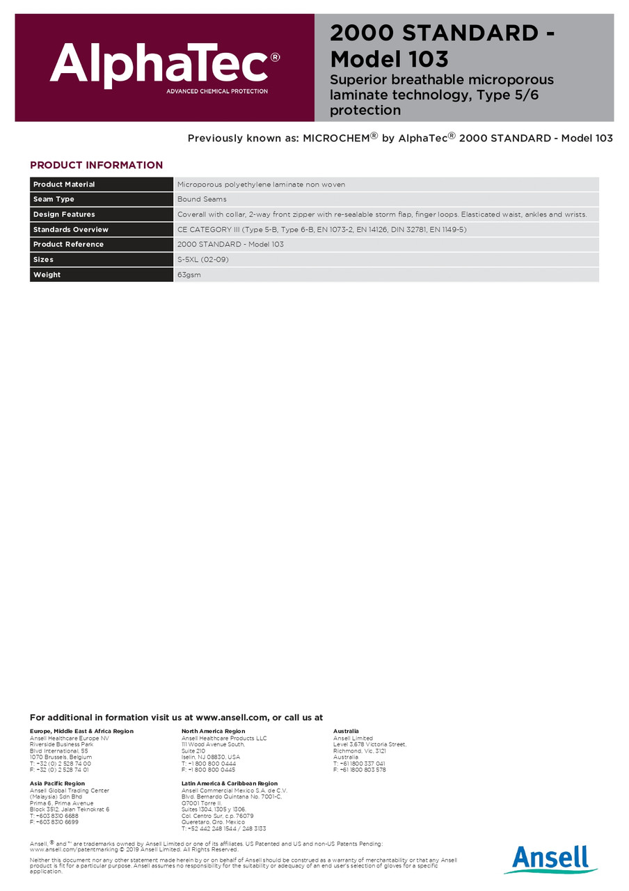 Ansell AlphaTec® 2000 Series Fine Particle/Clean Room Chemical Suit w/Collar  WH20-B-92-103