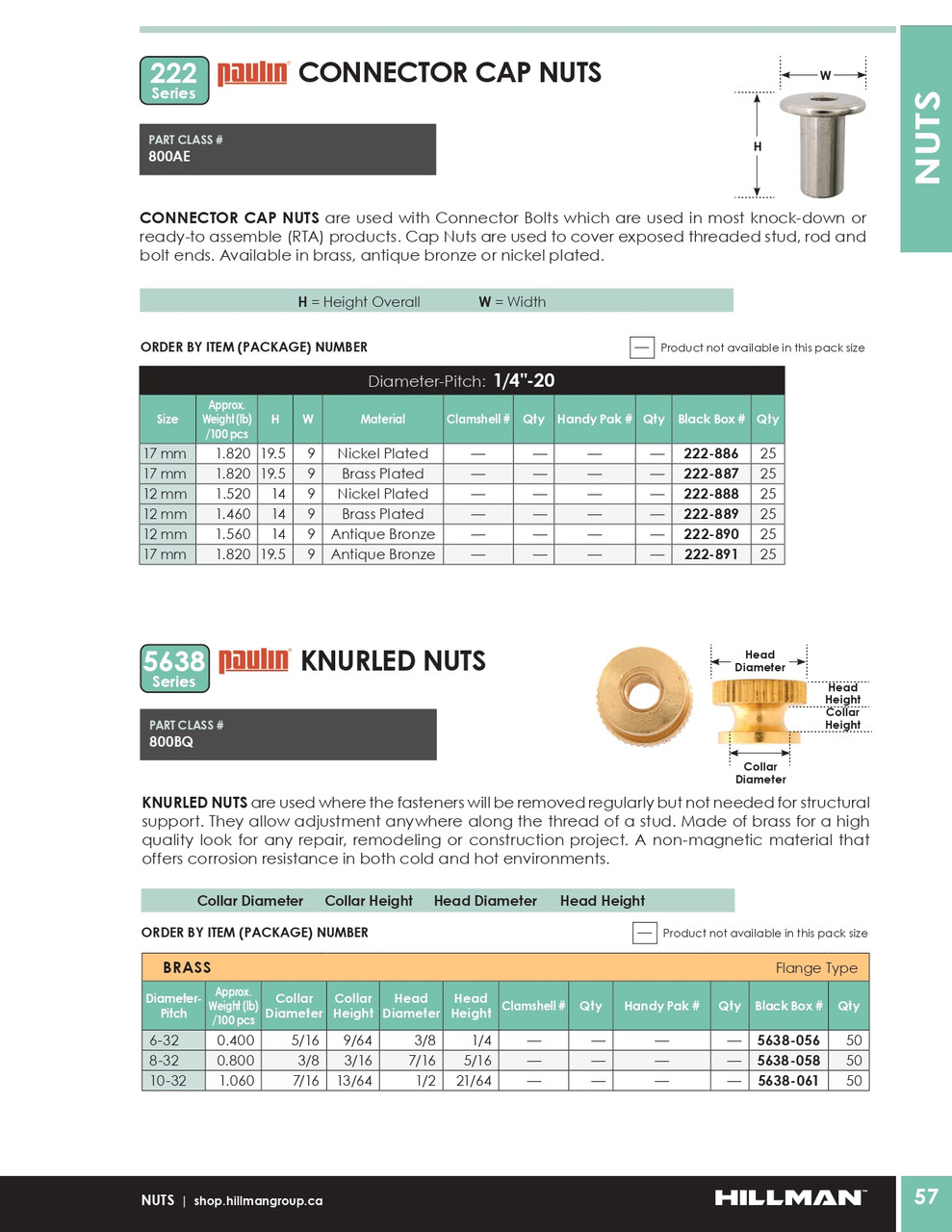 #8-32 Brass Knurled Nut 50 Pc.   5638-058