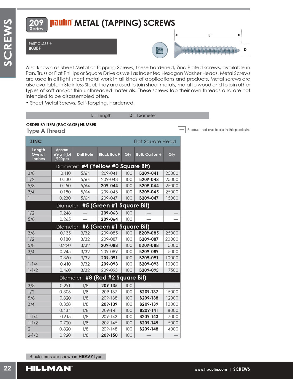 #6 x 1/2" Countersunk Steel Tapping Screw 100 Pc.   209-087