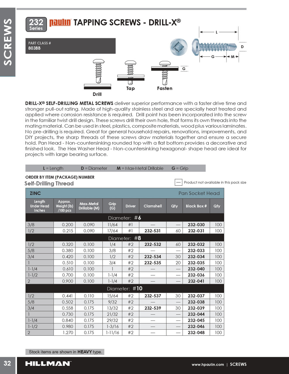 #6 x 3/8" Drill-X® Pan Head Steel Tapping Screw 100 Pc.   232-030