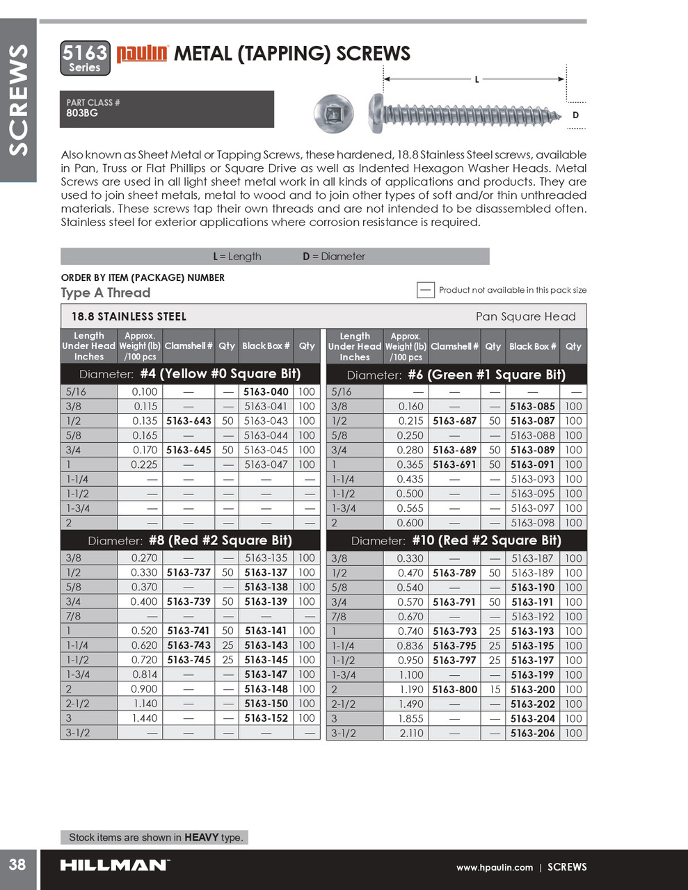 #8 x 1/2" Pan Head Stainless Steel Tapping Screw 100 Pc.   5163-137