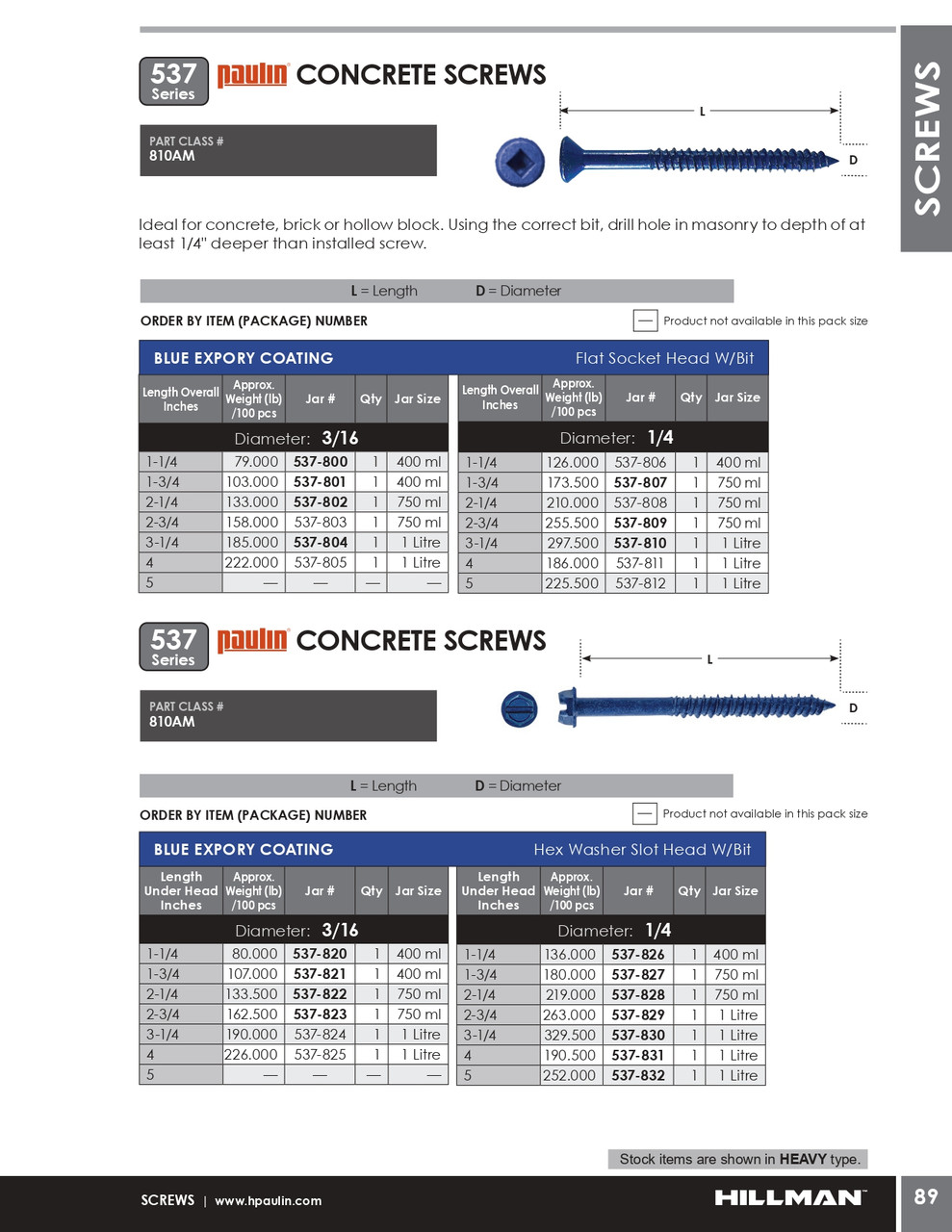 1/4" x 4" Countersunk Steel Concrete Screw 100 Pc.   537-811