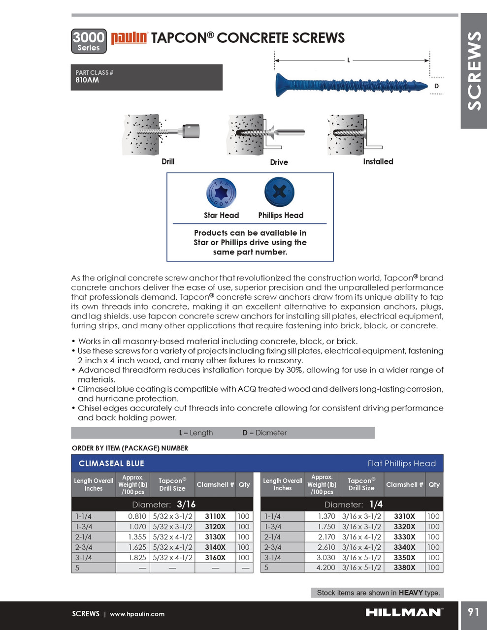 1/4" x 2-1/4" Tapcon® Countersunk Head Steel Concrete Screw 100 Pc.   3330X